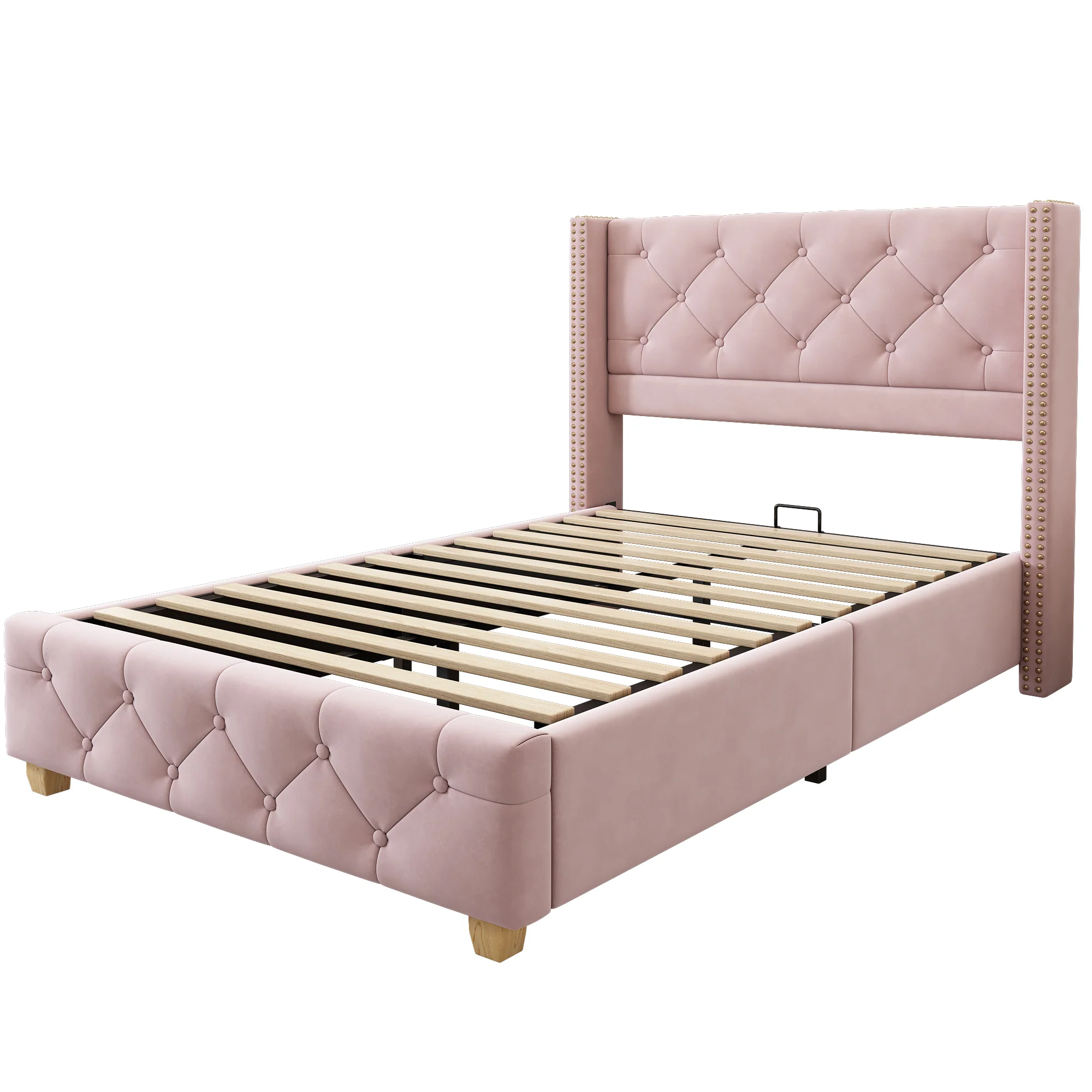 Upholstered Bed 90x200cm Headboard Button Studded Slatted Frame - Velvet Pink - Image 7