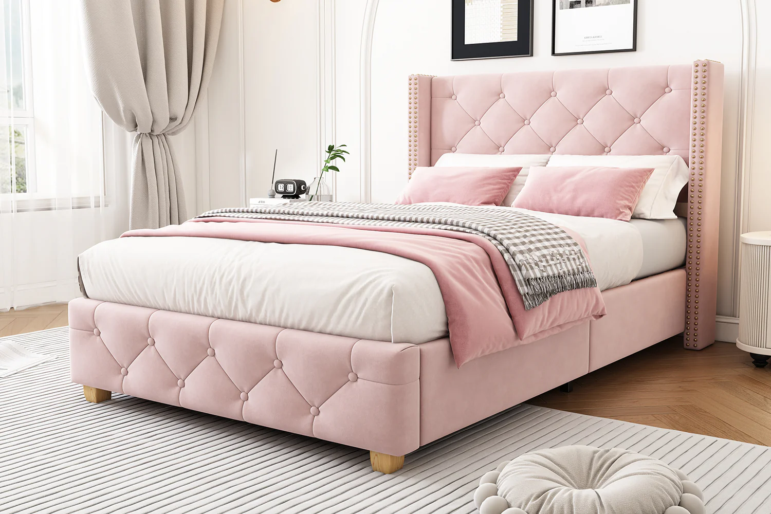Upholstered Bed 90x200cm Headboard Button Studded Slatted Frame - Velvet Pink - Image 8
