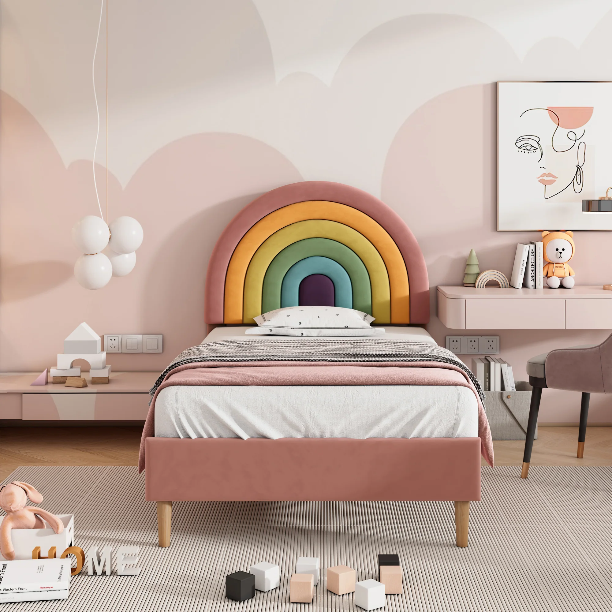 Upholstered Bed 90x200cm Height-Adjustable Headboard Slatted Base Velvet Pink - Image 2