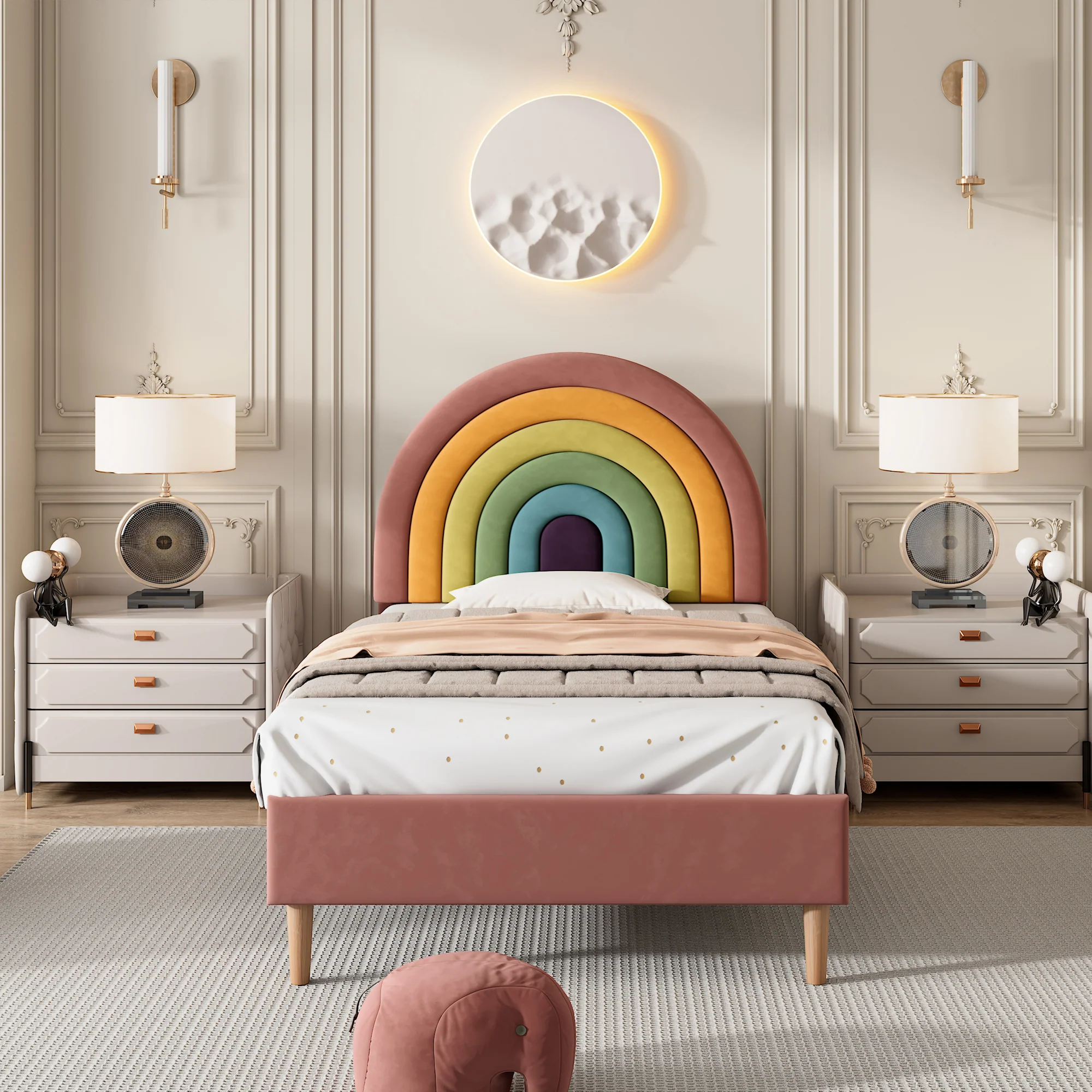 Upholstered Bed 90x200cm Height-Adjustable Headboard Slatted Base Velvet Pink - Image 3