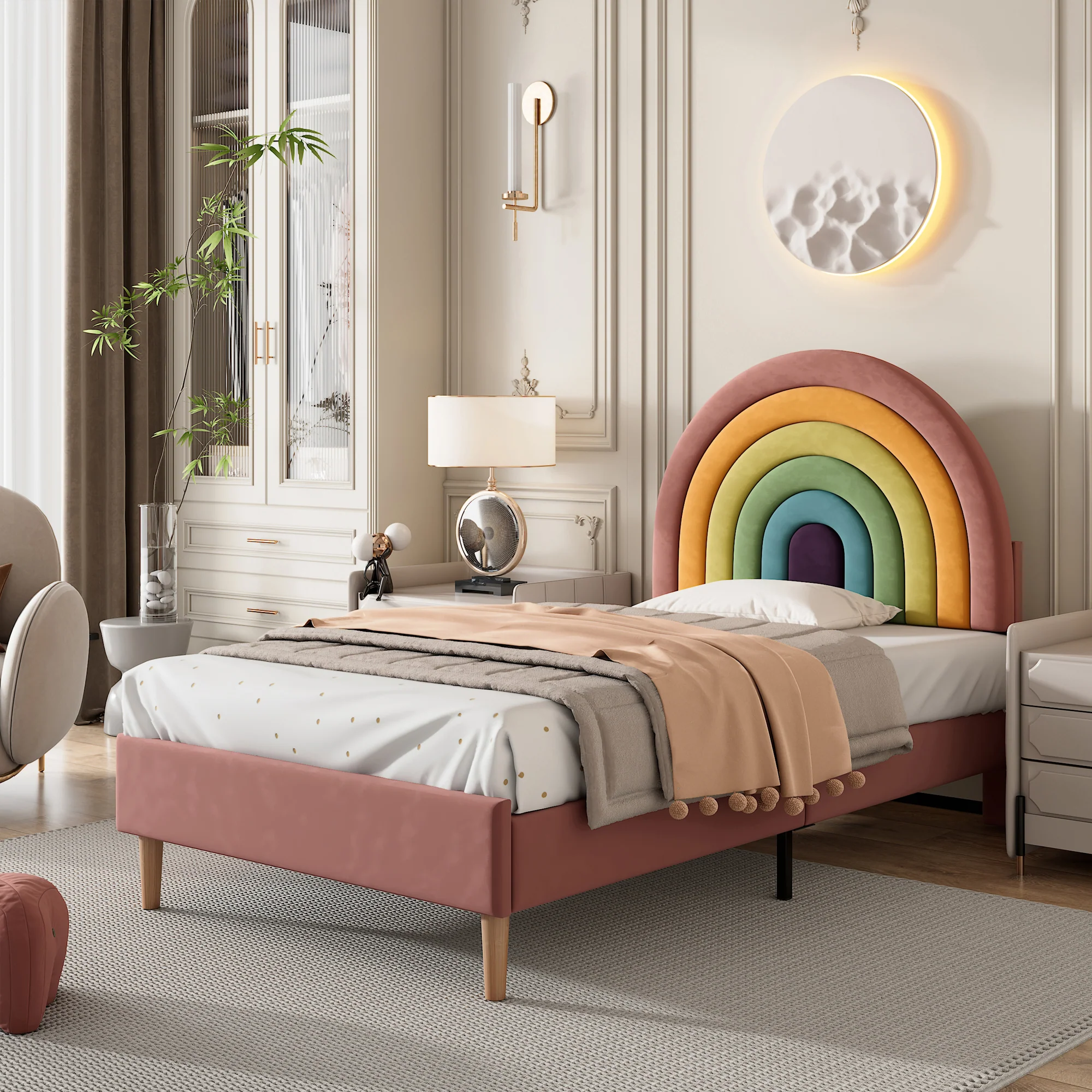 Upholstered Bed 90x200cm Height-Adjustable Headboard Slatted Base Velvet Pink - Image 4