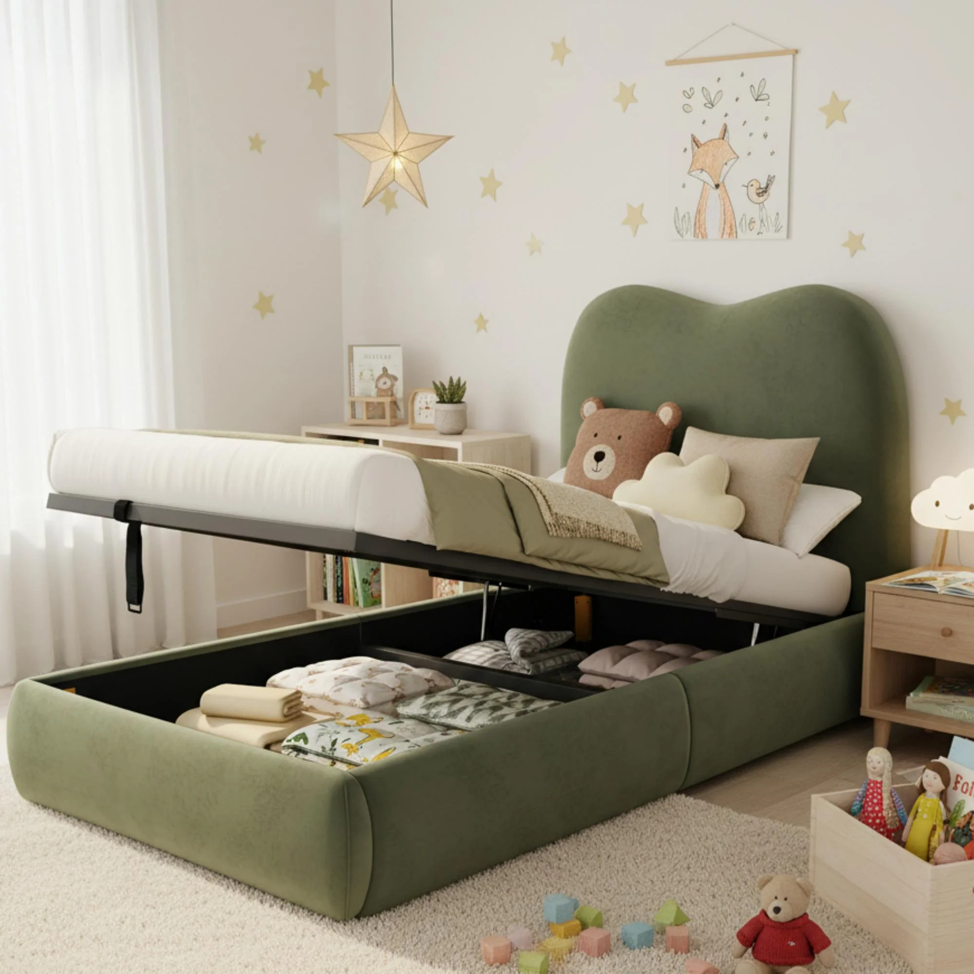 Upholstered Bed 90x200cm, Hydraulic Storage, Headboard & Slatted Frame, Velvet Green - Image 2