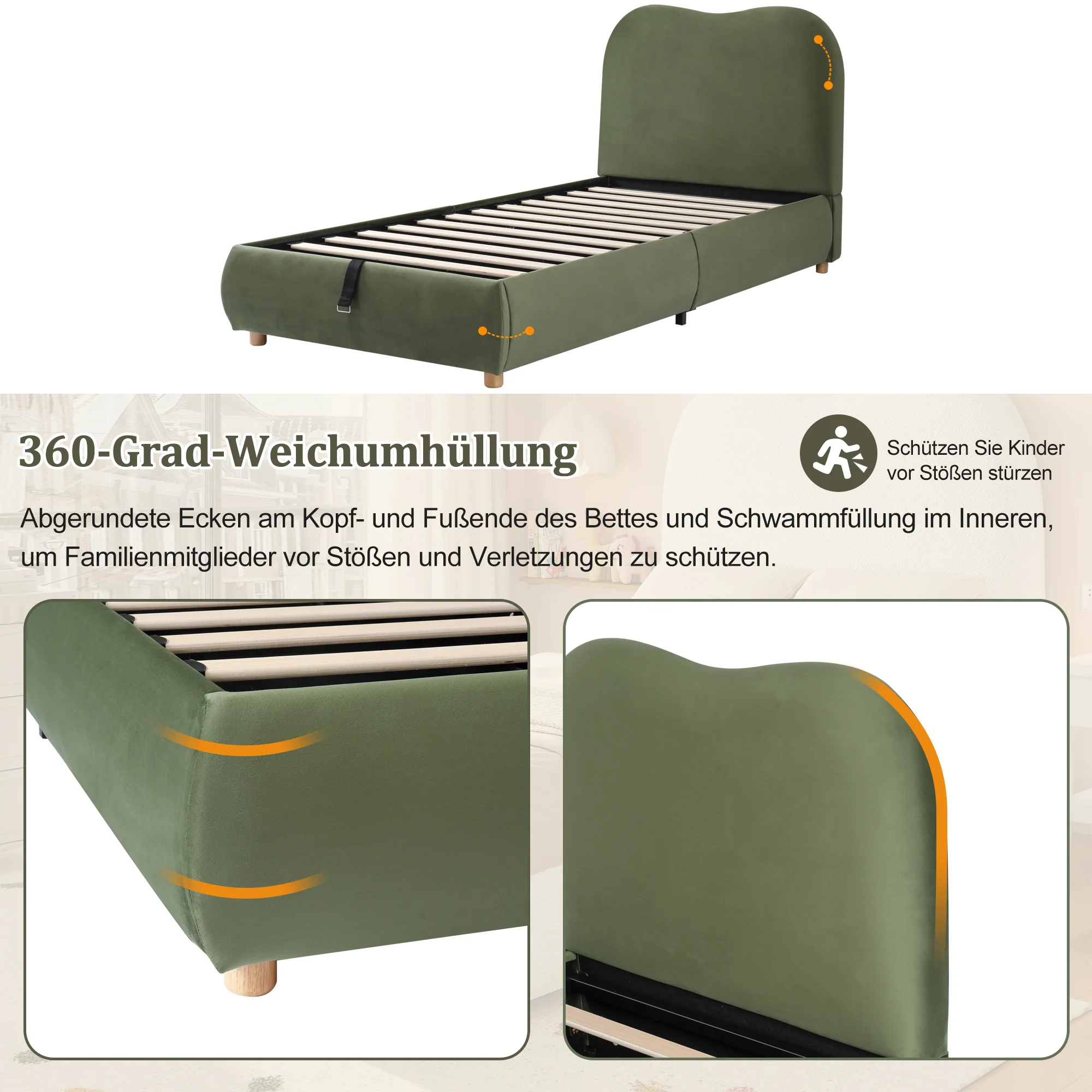 Upholstered Bed 90x200cm, Hydraulic Storage, Headboard & Slatted Frame, Velvet Green - Image 7