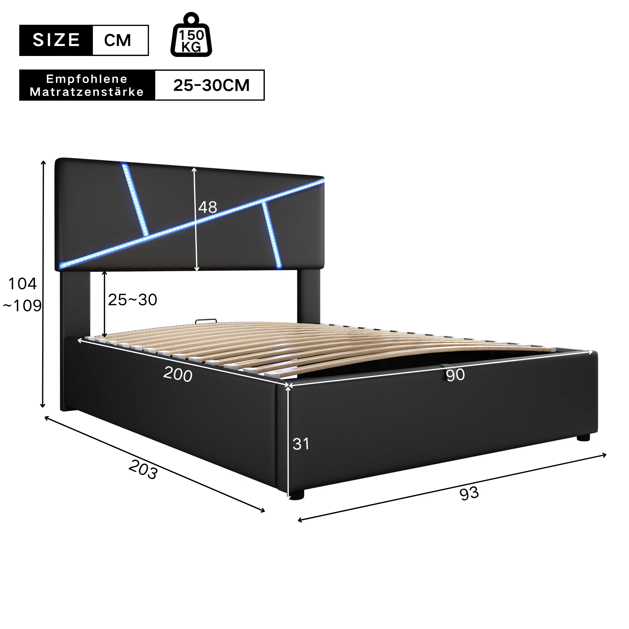 Upholstered Bed 90x200cm Hydraulic Storage LED - Black Synthetic Leather - Image 10