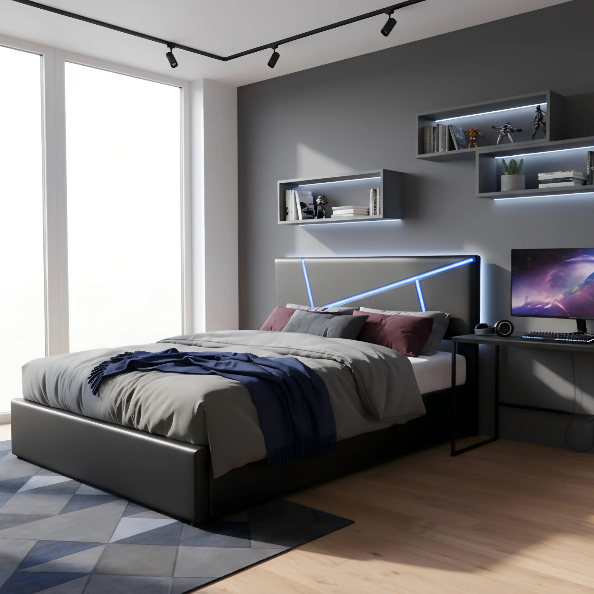 Upholstered Bed 90x200cm Hydraulic Storage LED - Black Synthetic Leather - Image 2