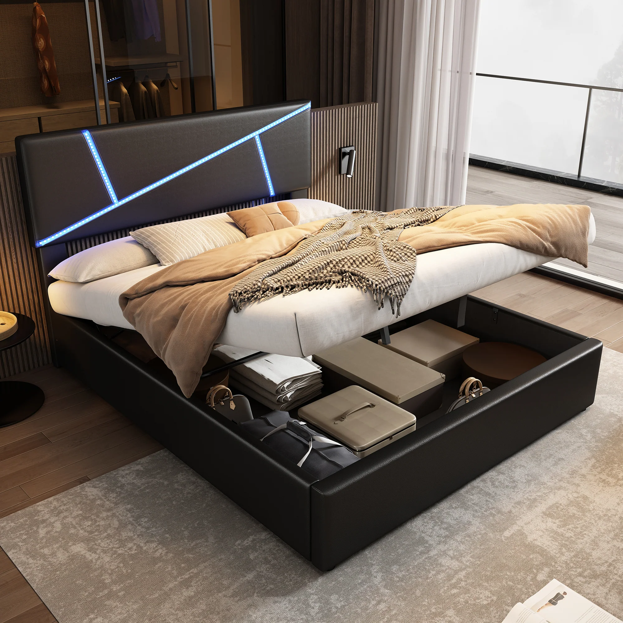 Upholstered Bed 90x200cm Hydraulic Storage LED - Black Synthetic Leather - Image 3