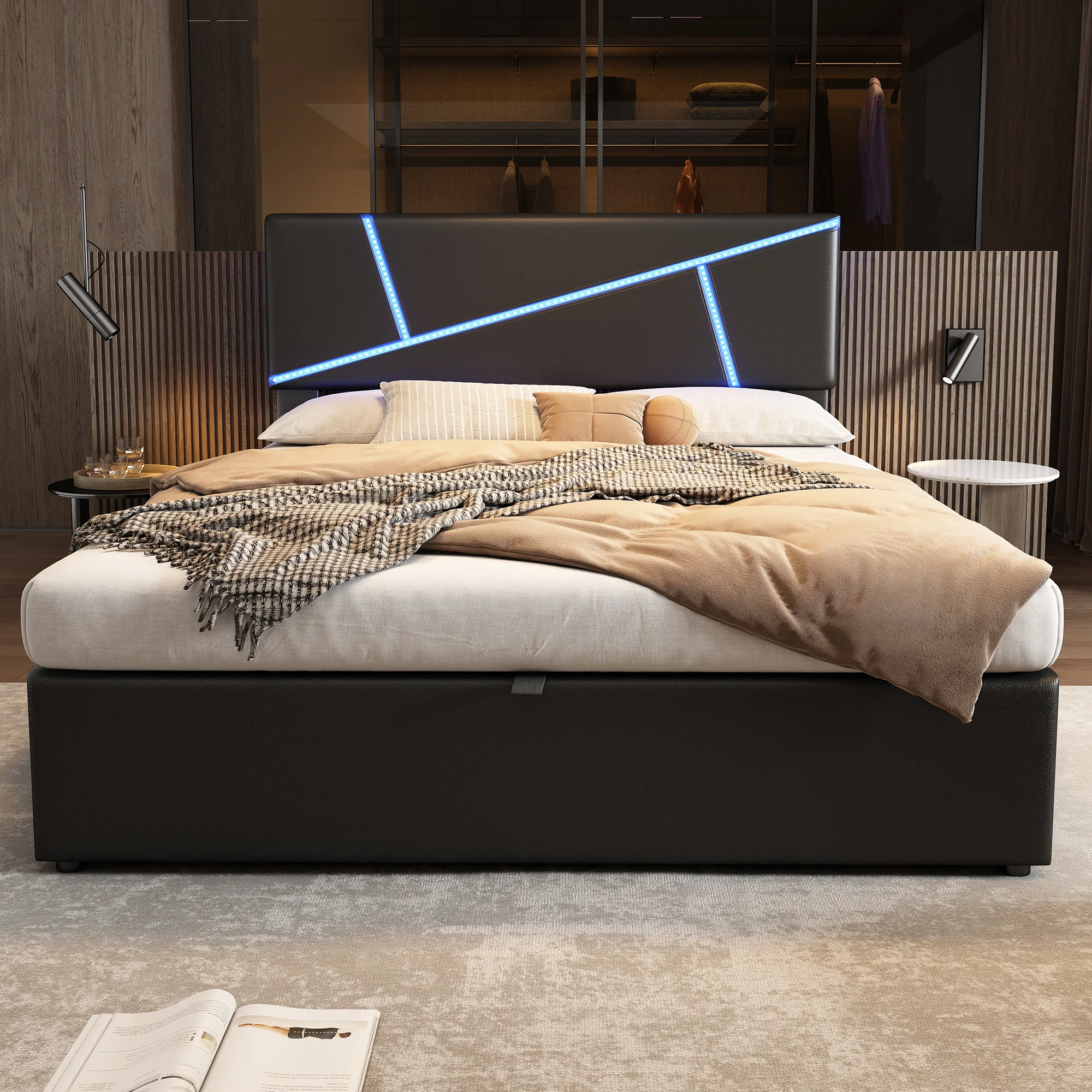 Upholstered Bed 90x200cm Hydraulic Storage LED - Black Synthetic Leather - Image 4