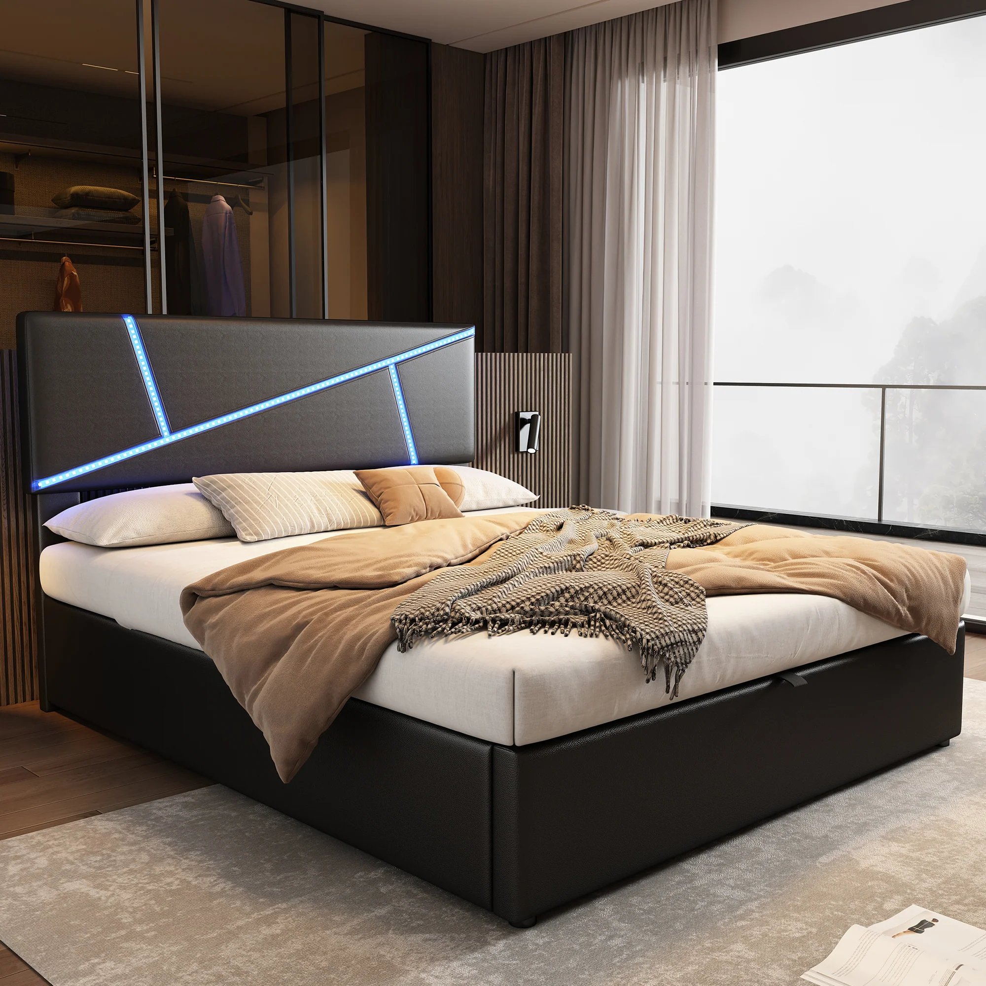 Upholstered Bed 90x200cm Hydraulic Storage LED - Black Synthetic Leather - Image 5