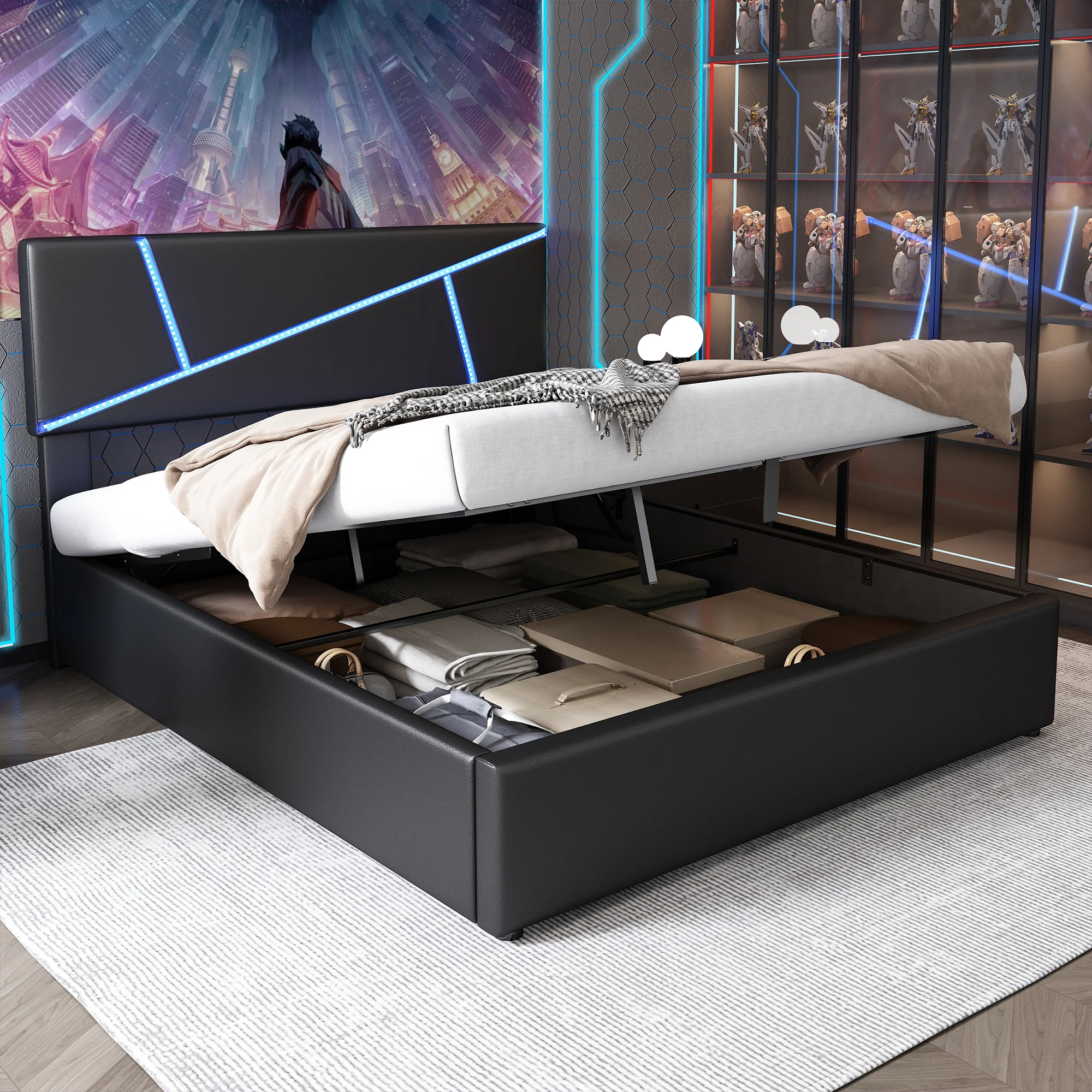 Upholstered Bed 90x200cm Hydraulic Storage LED - Black Synthetic Leather - Image 6