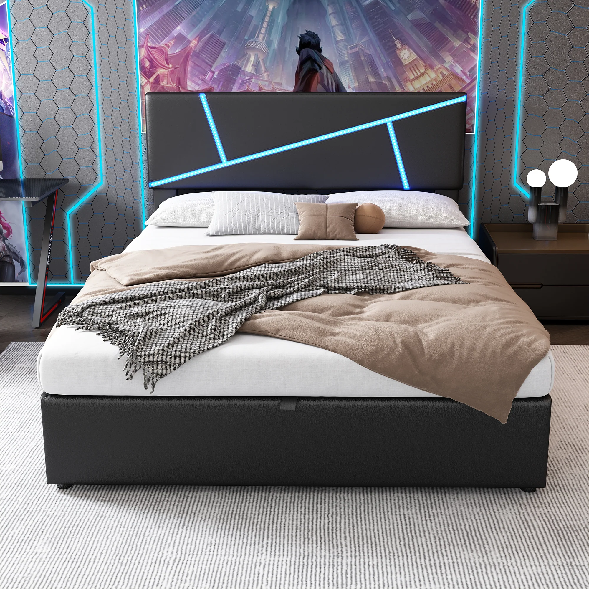 Upholstered Bed 90x200cm Hydraulic Storage LED - Black Synthetic Leather - Image 7