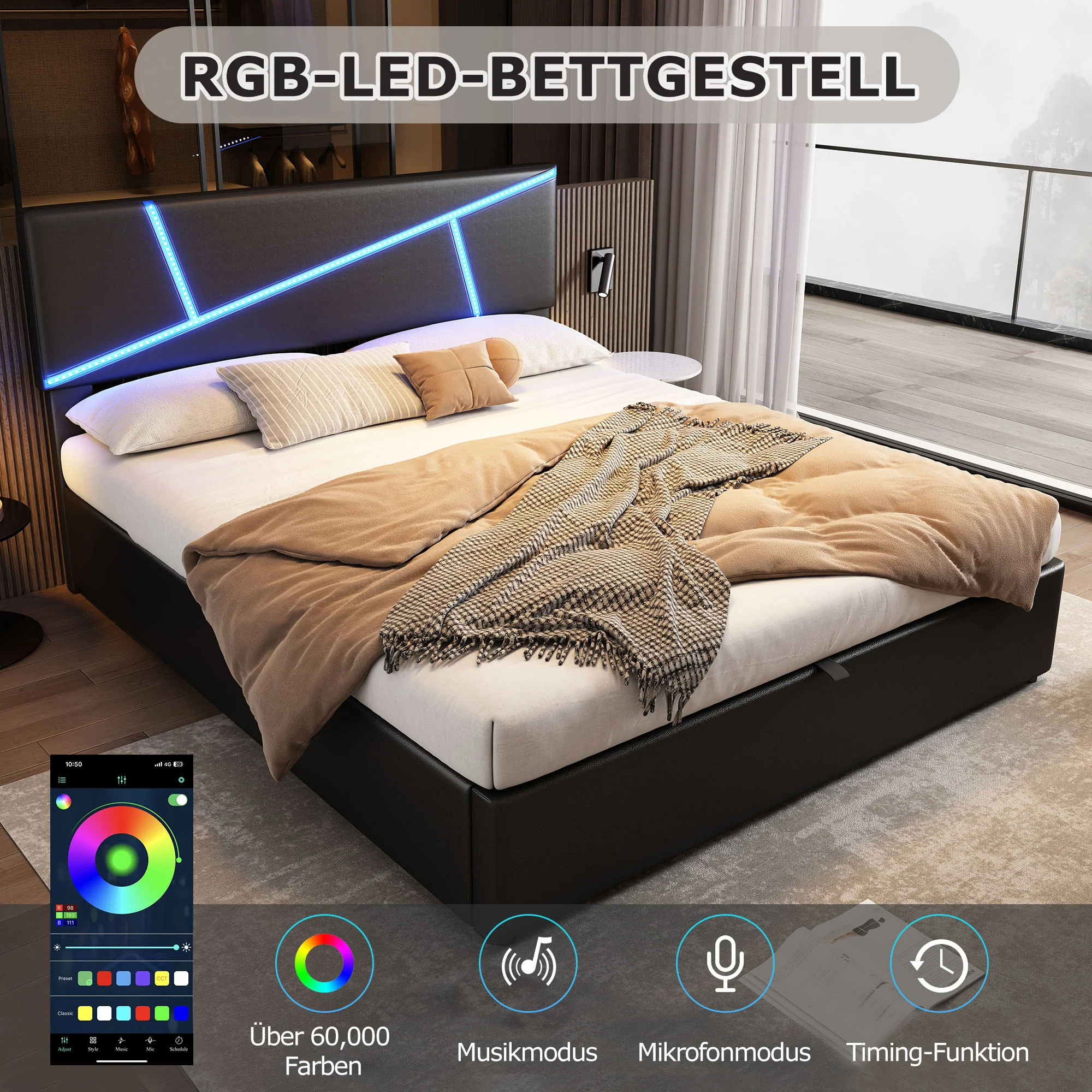 Upholstered Bed 90x200cm Hydraulic Storage LED - Black Synthetic Leather - Image 9