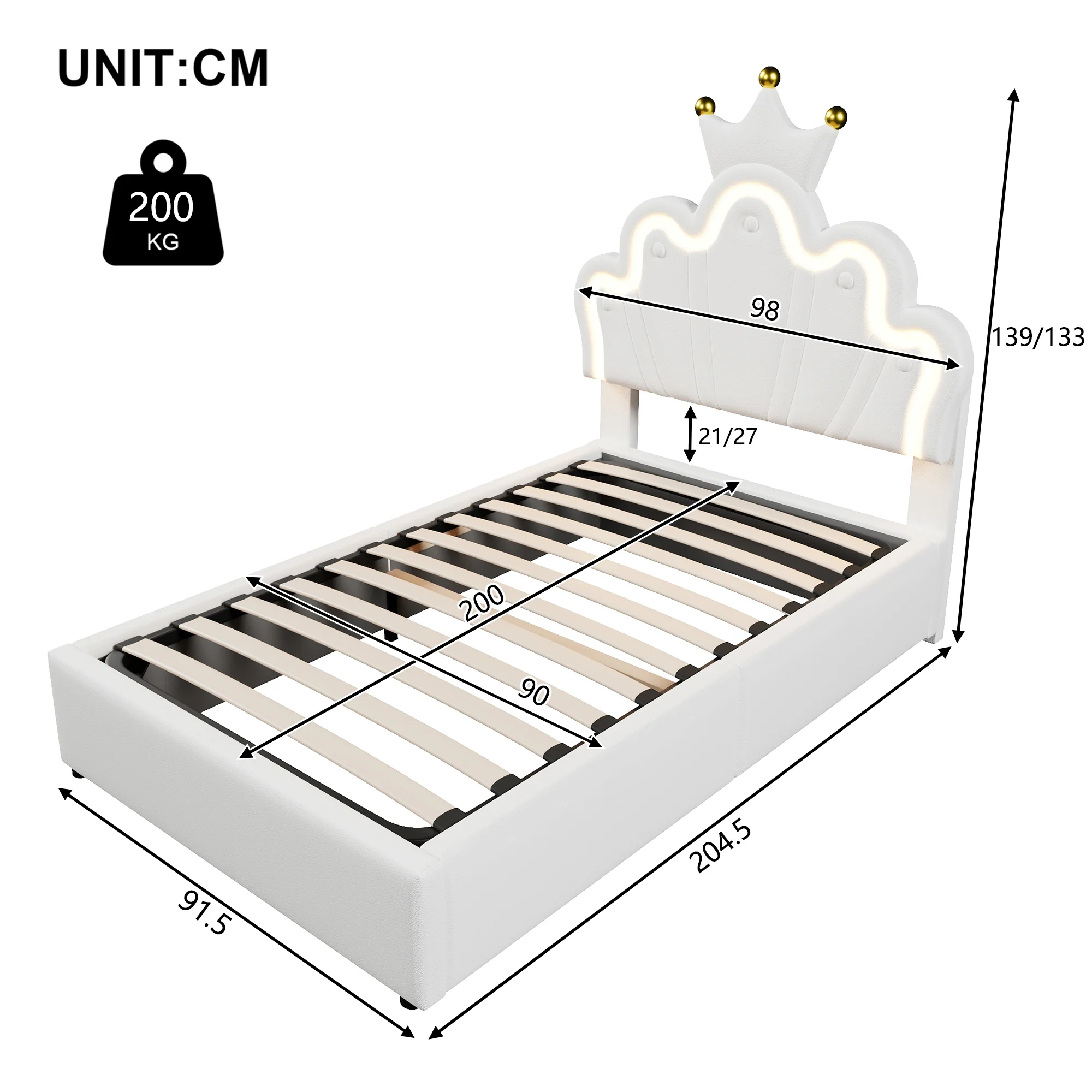 Upholstered Bed 90x200cm Hydraulic Storage LED Crown Adjustable Headboard - PU White - Image 10