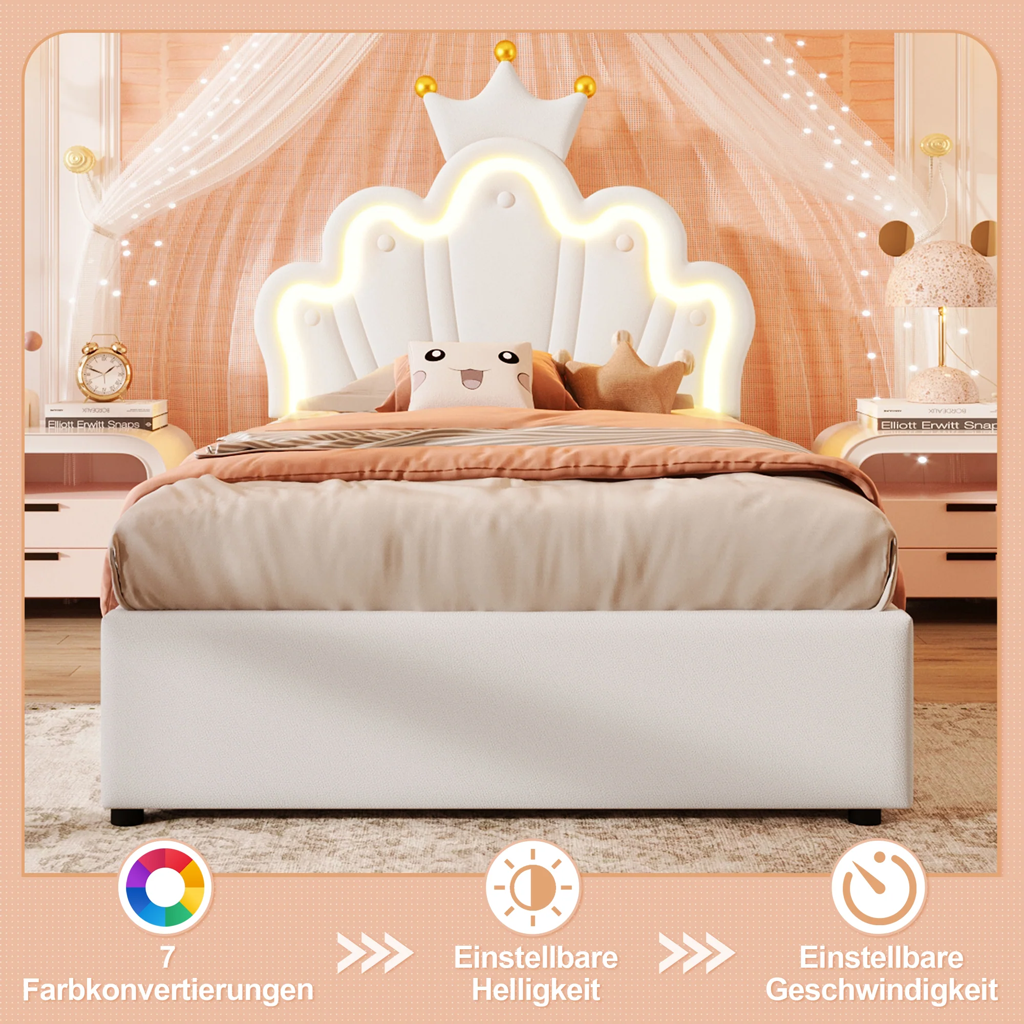 Upholstered Bed 90x200cm Hydraulic Storage LED Crown Adjustable Headboard - PU White - Image 2