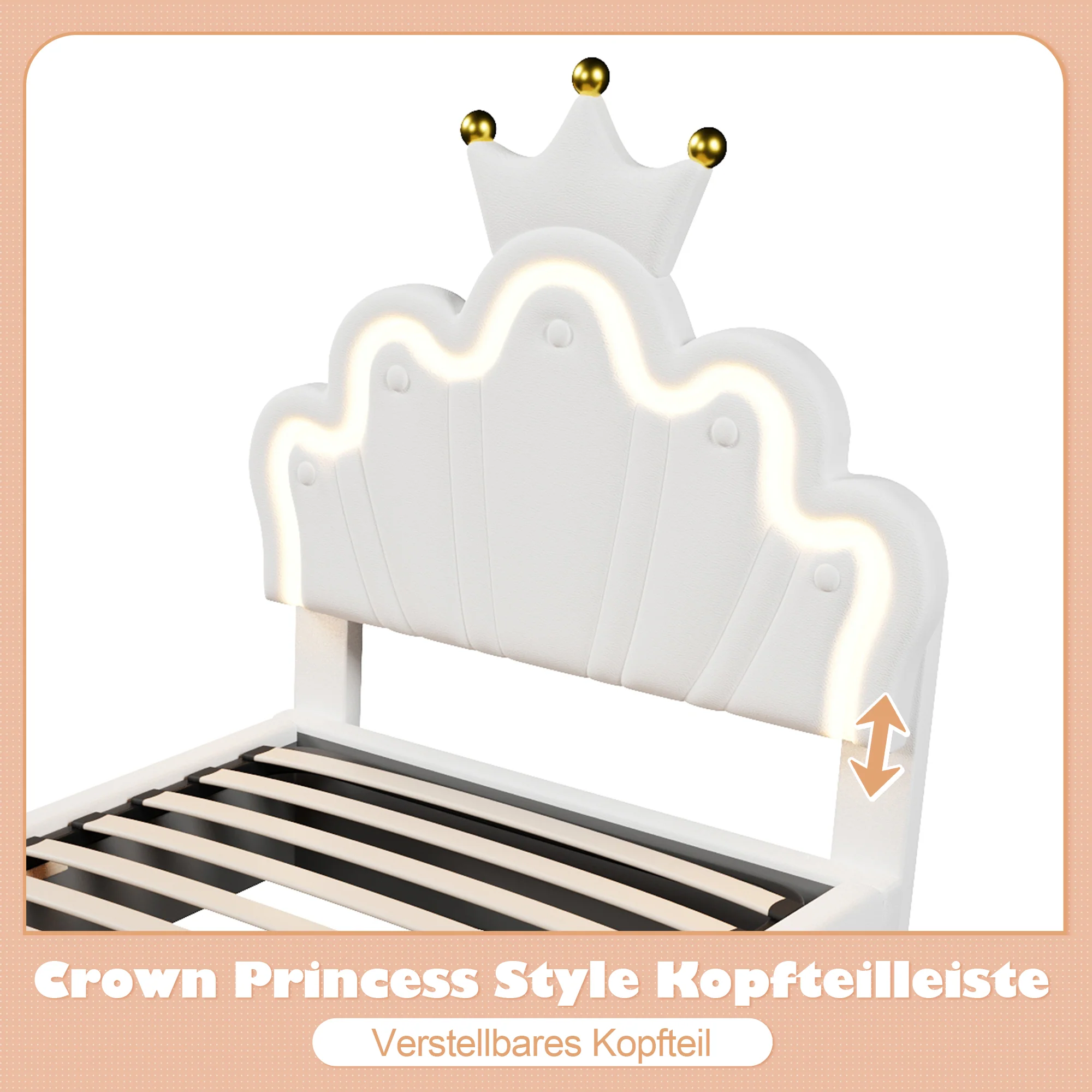 Upholstered Bed 90x200cm Hydraulic Storage LED Crown Adjustable Headboard - PU White - Image 3