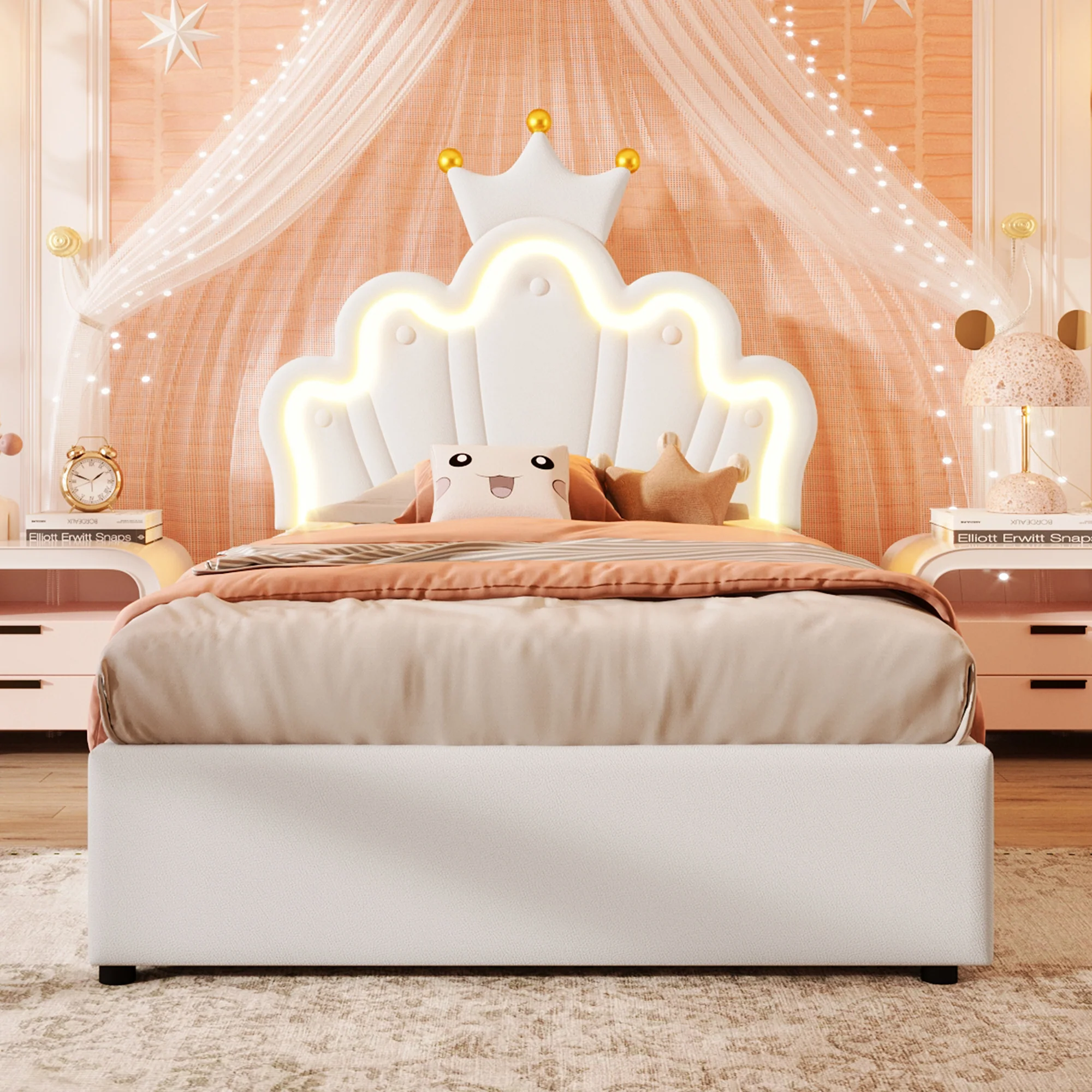 Upholstered Bed 90x200cm Hydraulic Storage LED Crown Adjustable Headboard - PU White - Image 5