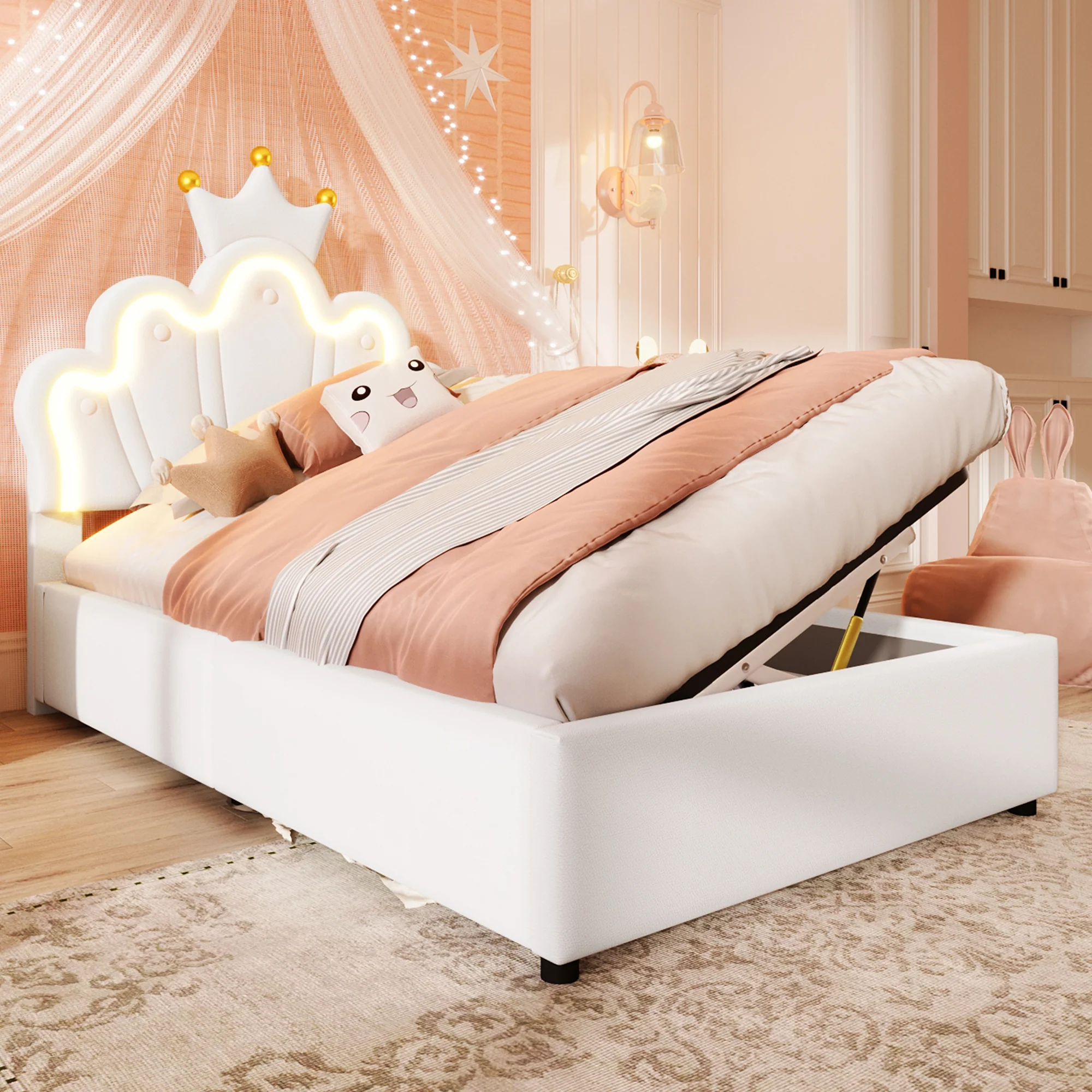 Upholstered Bed 90x200cm Hydraulic Storage LED Crown Adjustable Headboard - PU White - Image 6