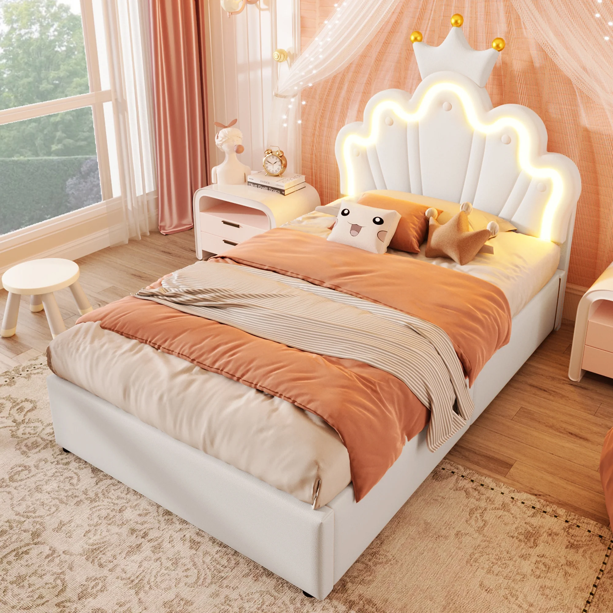 Upholstered Bed 90x200cm Hydraulic Storage LED Crown Adjustable Headboard - PU White - Image 7