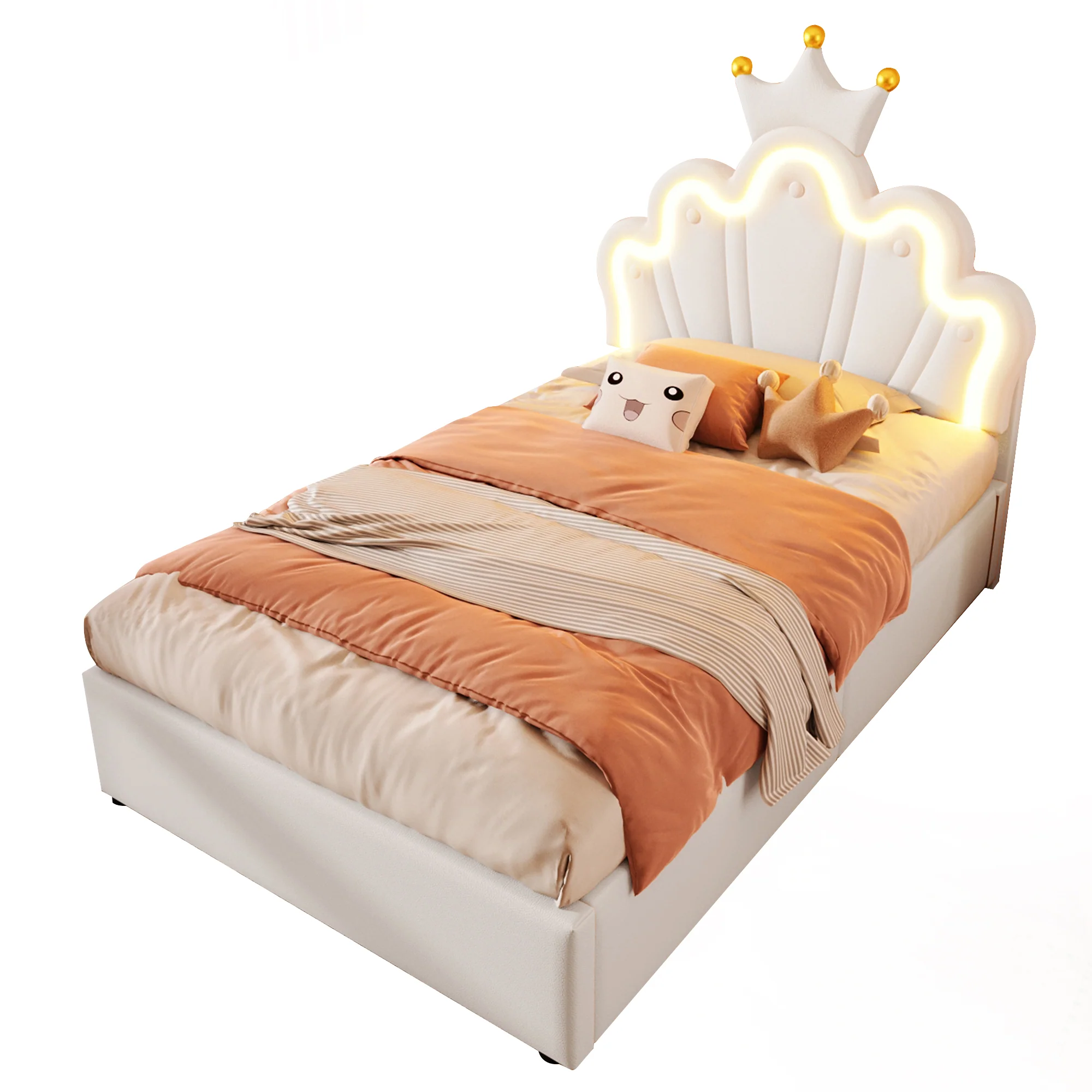 Upholstered Bed 90x200cm Hydraulic Storage LED Crown Adjustable Headboard - PU White - Image 8