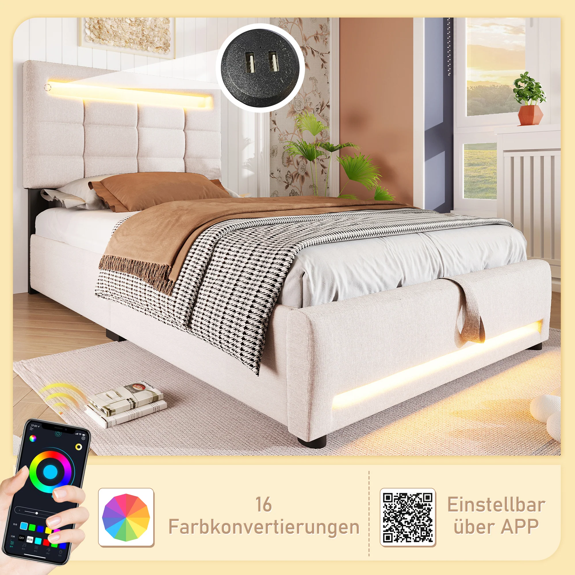 Upholstered Bed 90x200cm Hydraulic Storage LED USB App Control - Beige Linen - Image 2