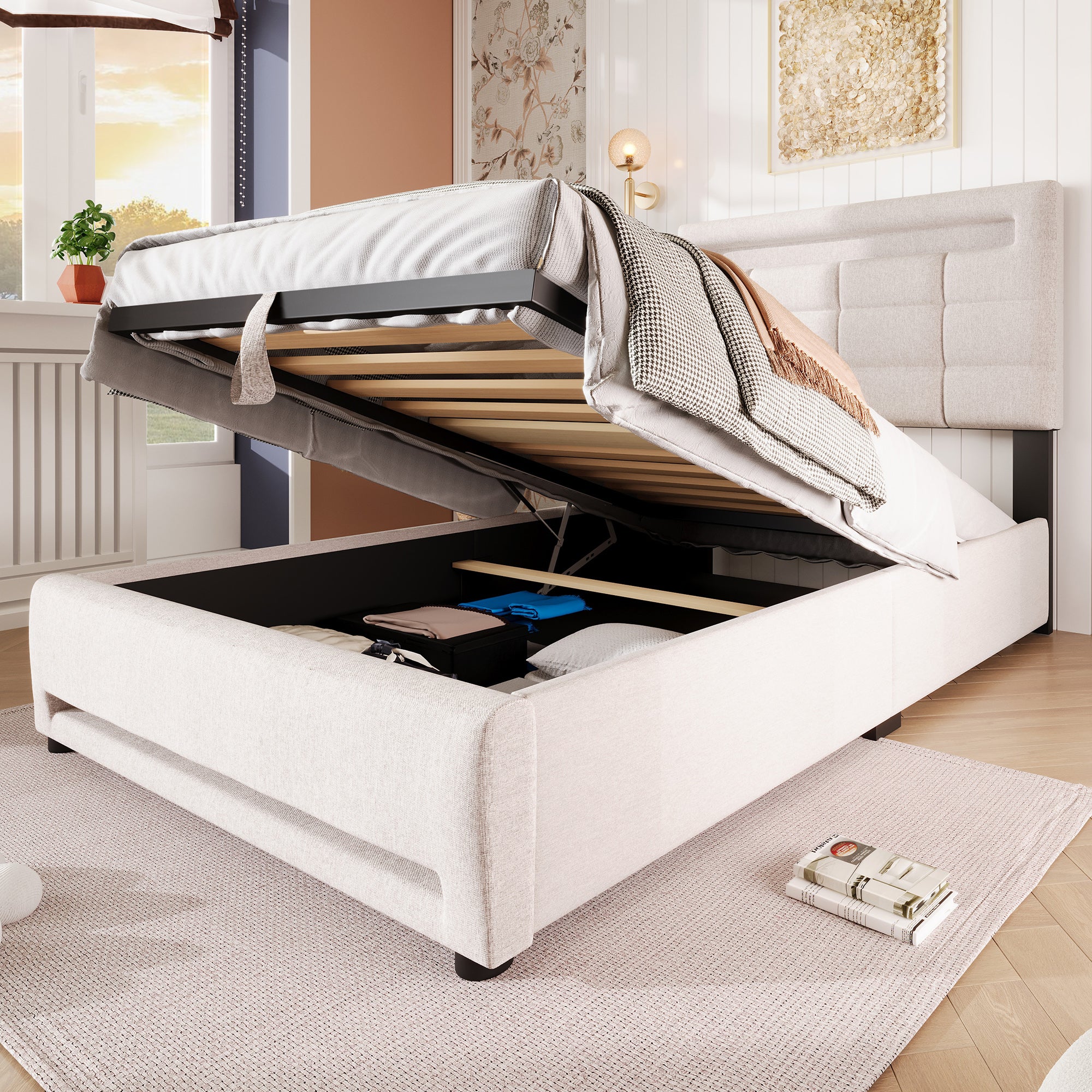 Upholstered Bed 90x200cm Hydraulic Storage LED USB App Control - Beige Linen - Image 5