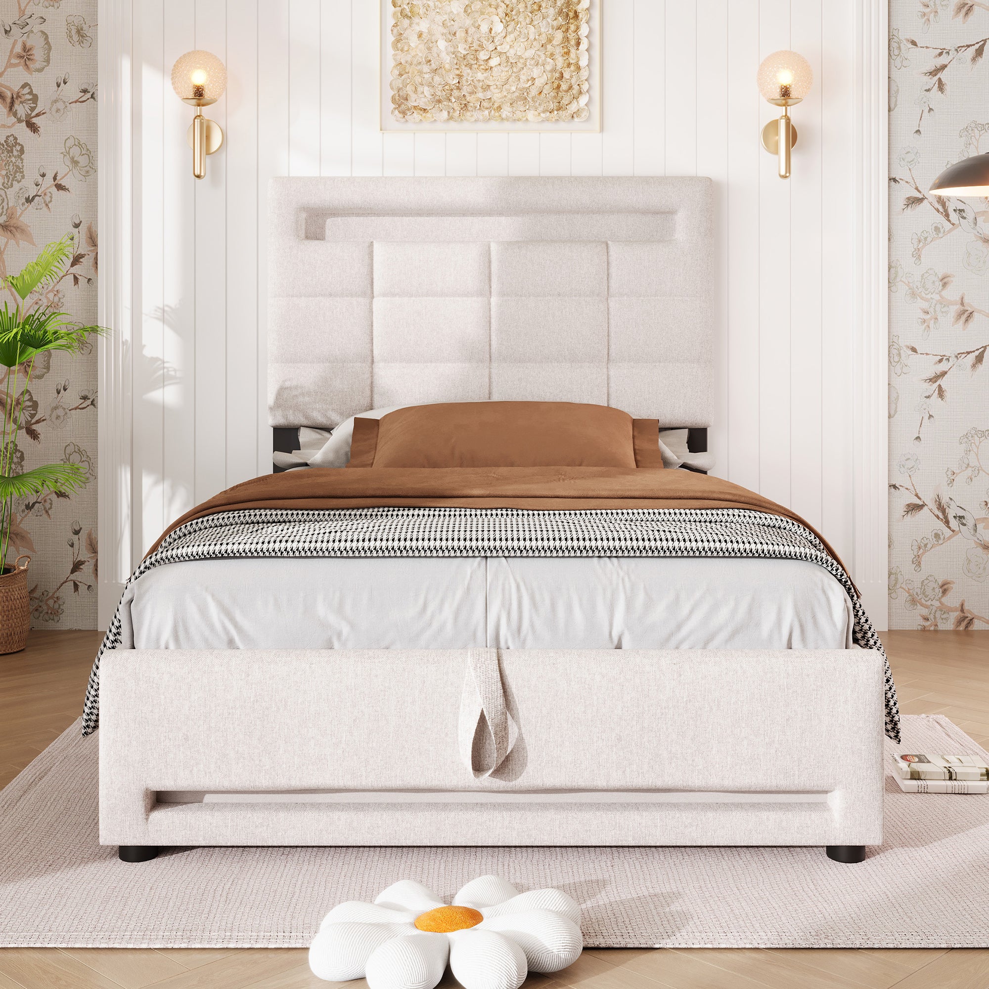Upholstered Bed 90x200cm Hydraulic Storage LED USB App Control - Beige Linen - Image 6