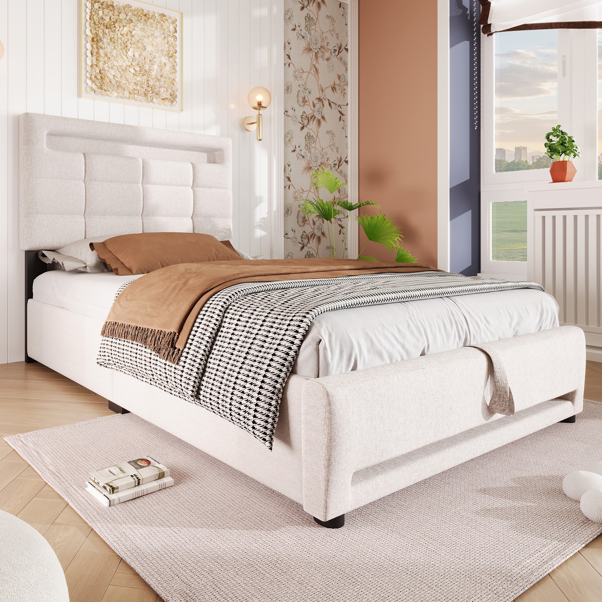 Upholstered Bed 90x200cm Hydraulic Storage LED USB App Control - Beige Linen - Image 7
