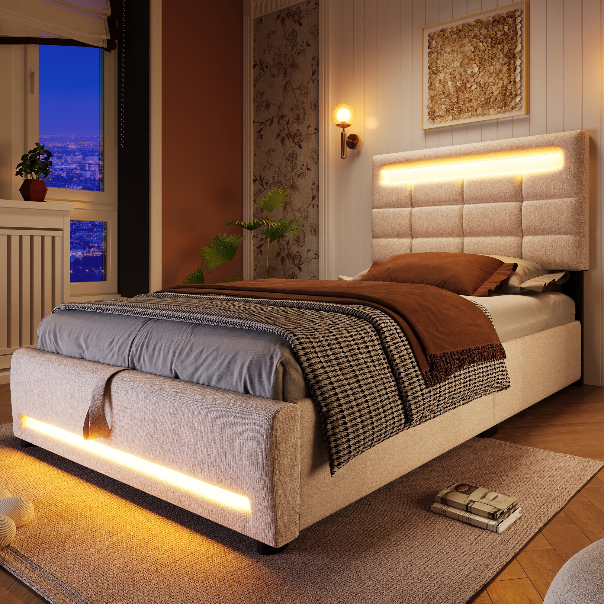 Upholstered Bed 90x200cm Hydraulic Storage LED USB App Control - Beige Linen - Image 8