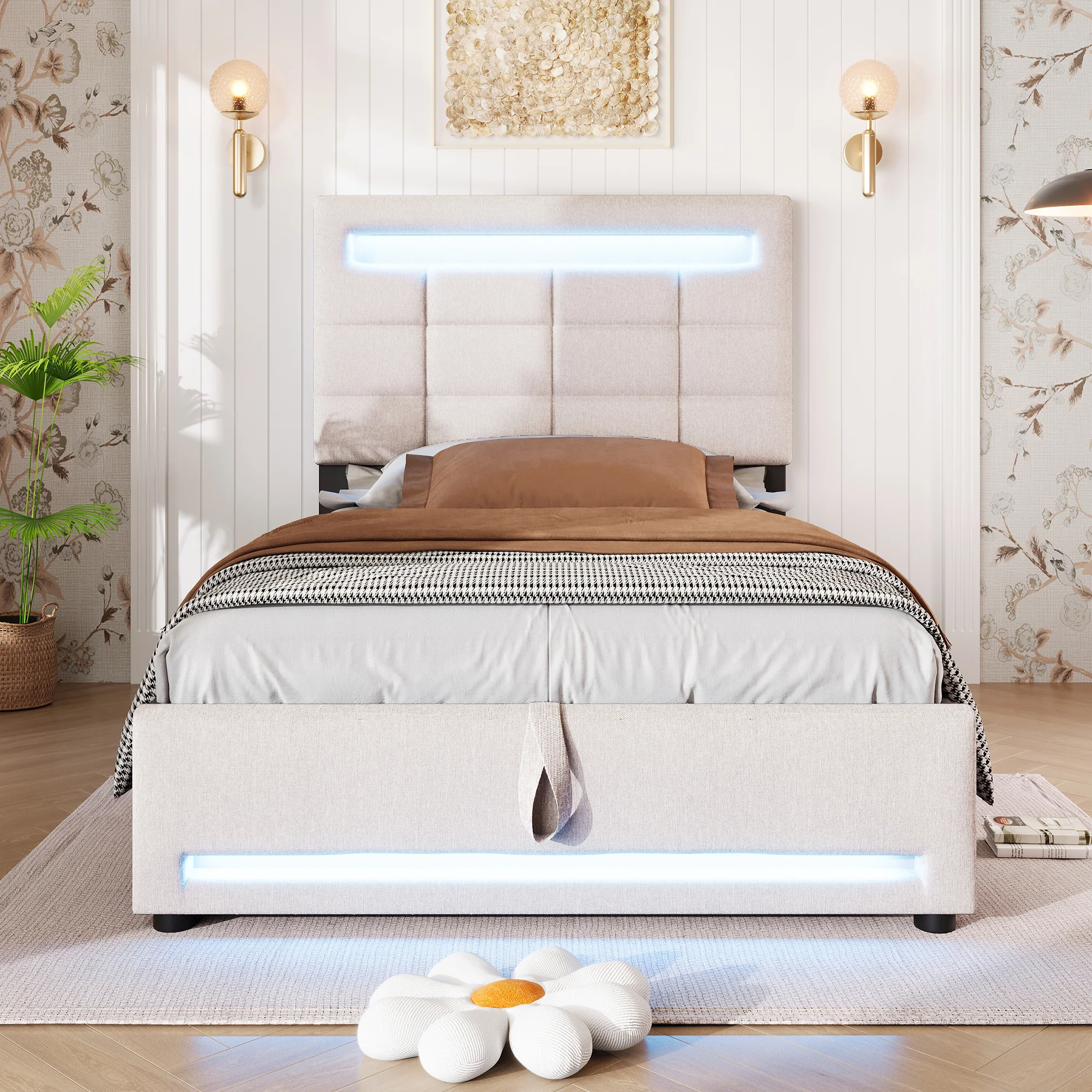 Upholstered Bed 90x200cm Hydraulic Storage LED USB App Control - Beige Linen - Image 9