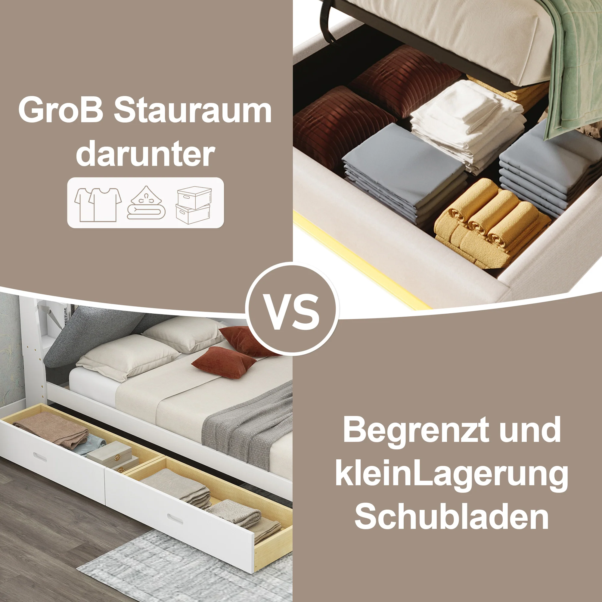 Upholstered Bed 90x200cm Hydraulic Storage LED USB/Type-C Pockets - Beige - Image 2