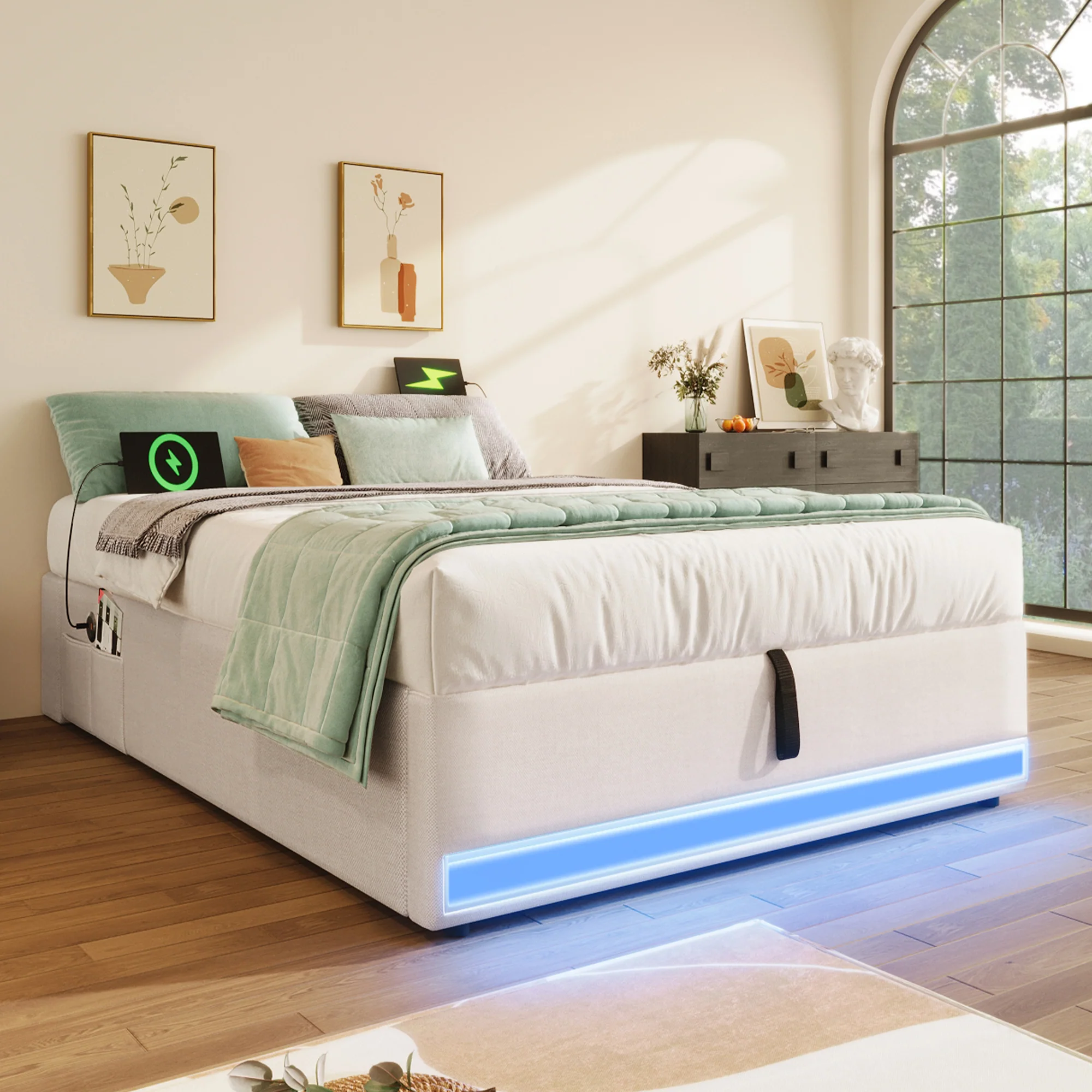 Upholstered Bed 90x200cm Hydraulic Storage LED USB/Type-C Pockets - Beige - Image 4
