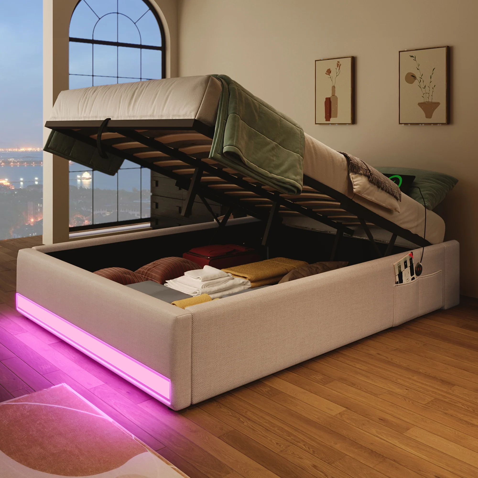 Upholstered Bed 90x200cm Hydraulic Storage LED USB/Type-C Pockets - Beige - Image 5