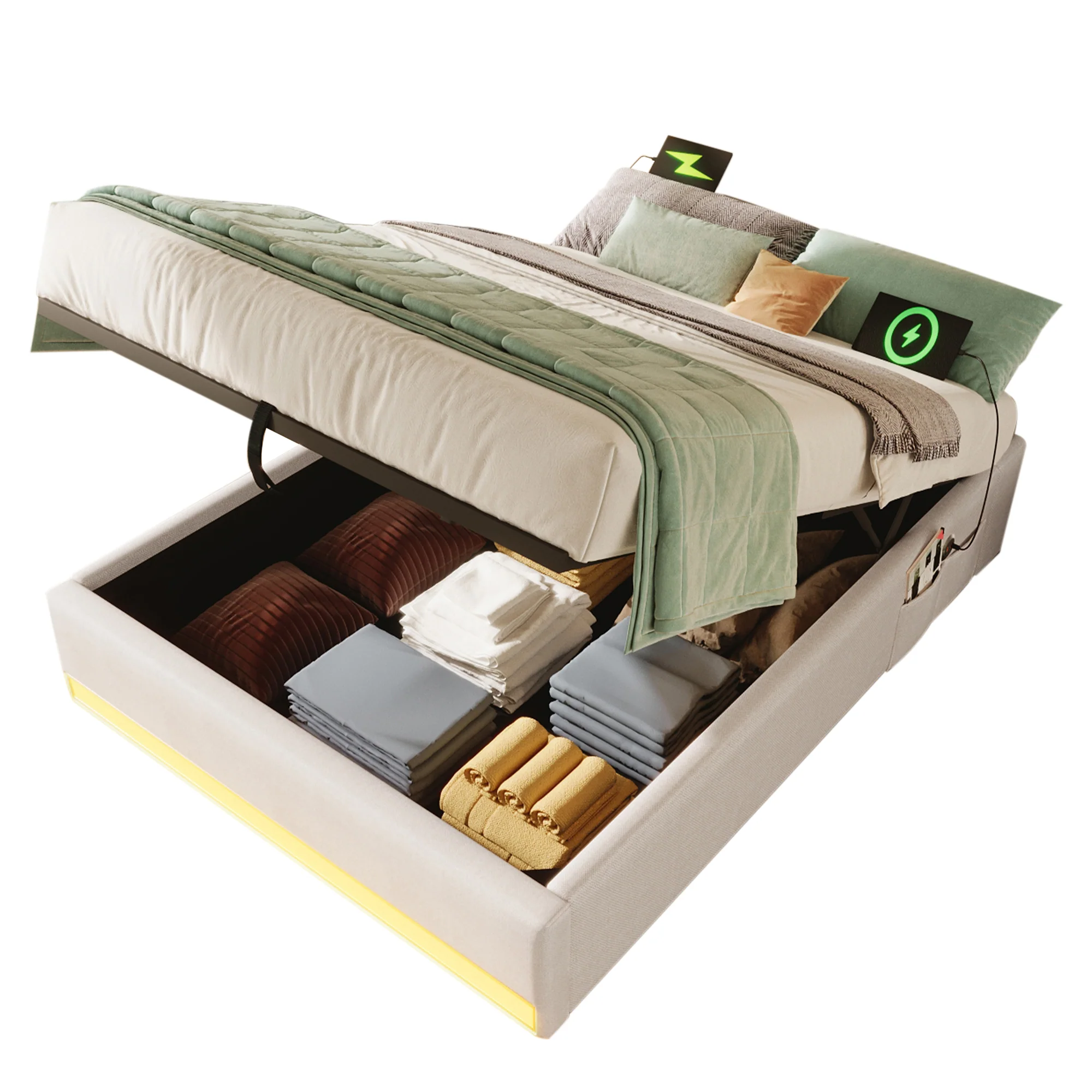 Upholstered Bed 90x200cm Hydraulic Storage LED USB/Type-C Pockets - Beige - Image 8