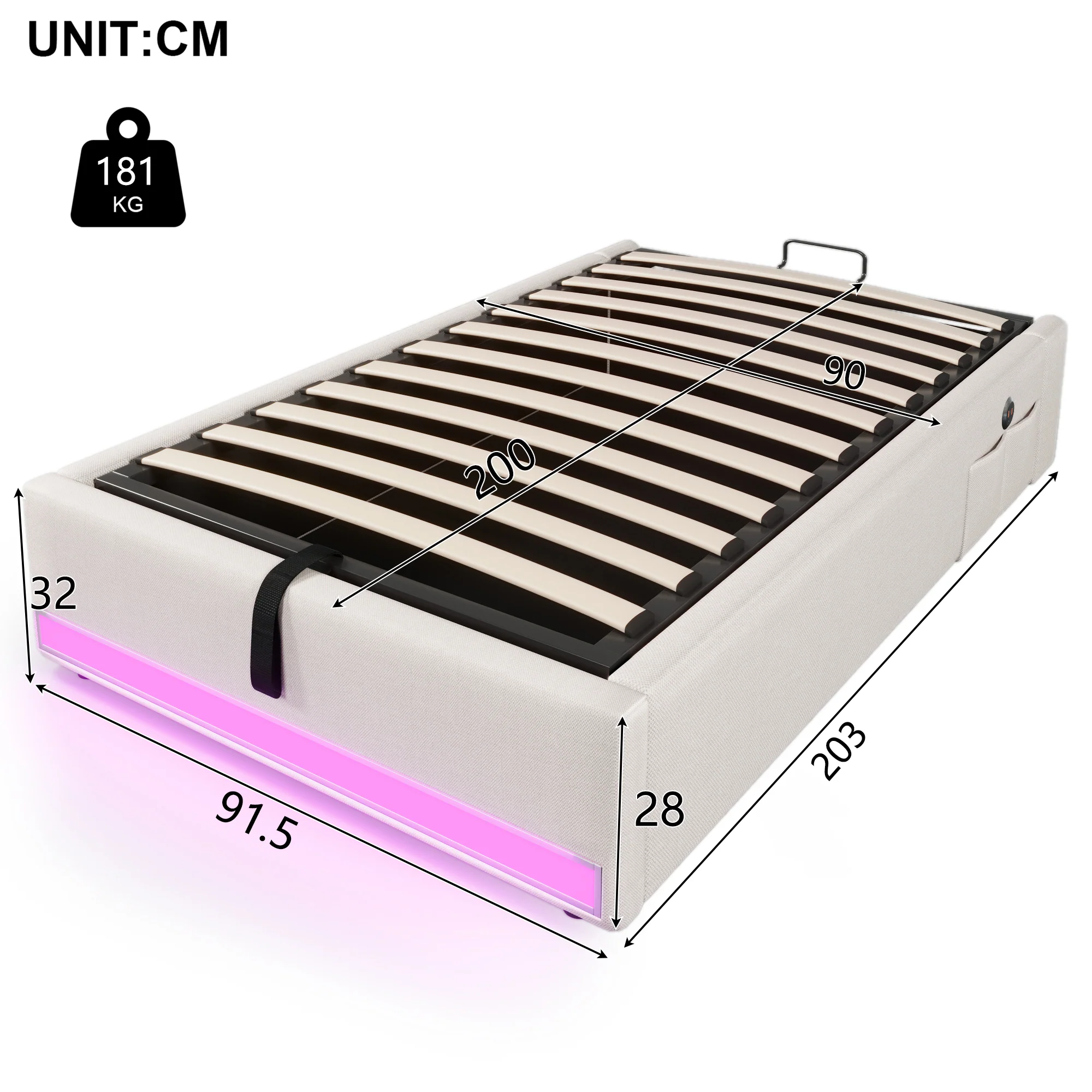 Upholstered Bed 90x200cm Hydraulic Storage LED USB/Type-C Pockets - Beige - Image 9