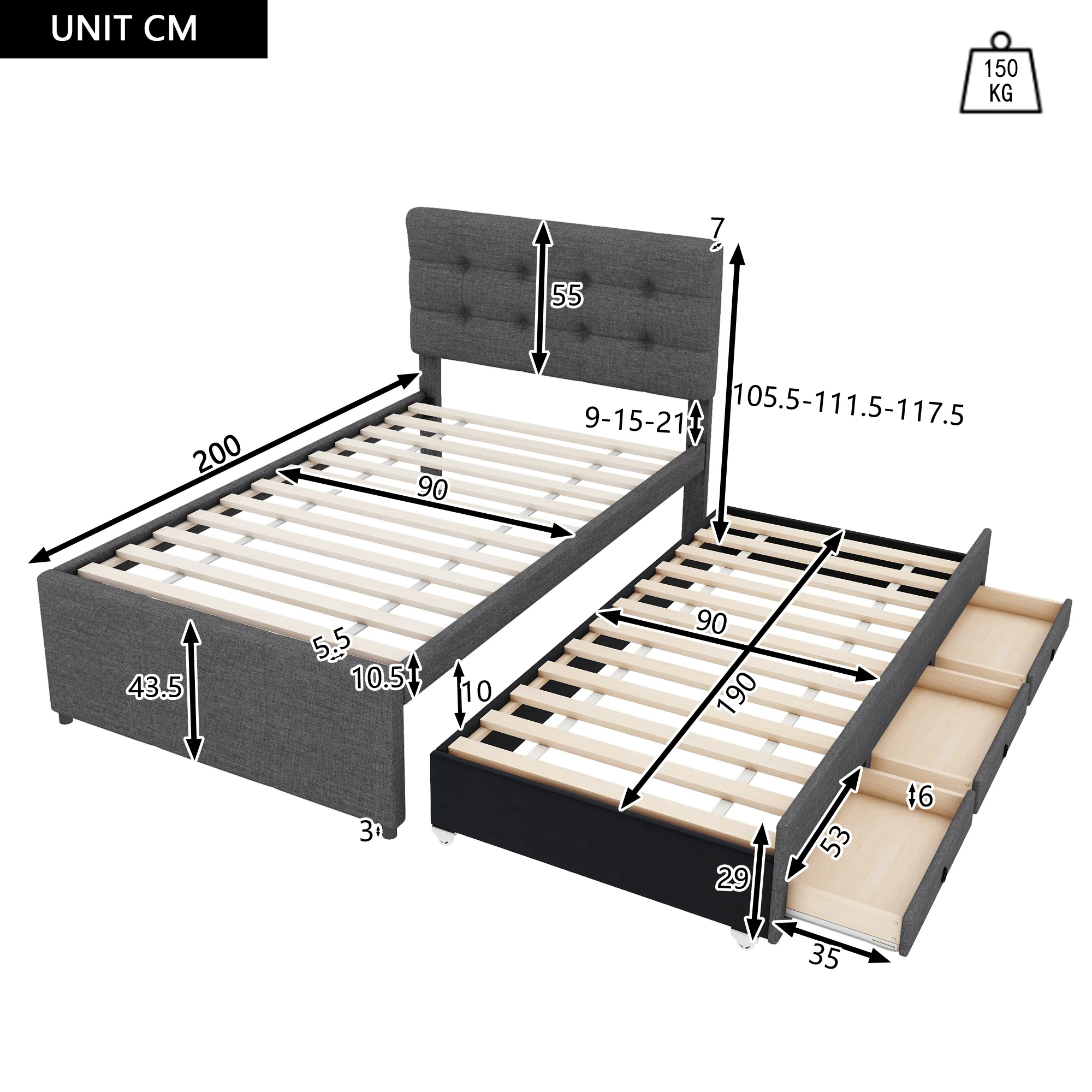 Upholstered Bed 90x200cm Pull-out Trundle 3 Drawers Adjustable Headboard - Grey - Image 7