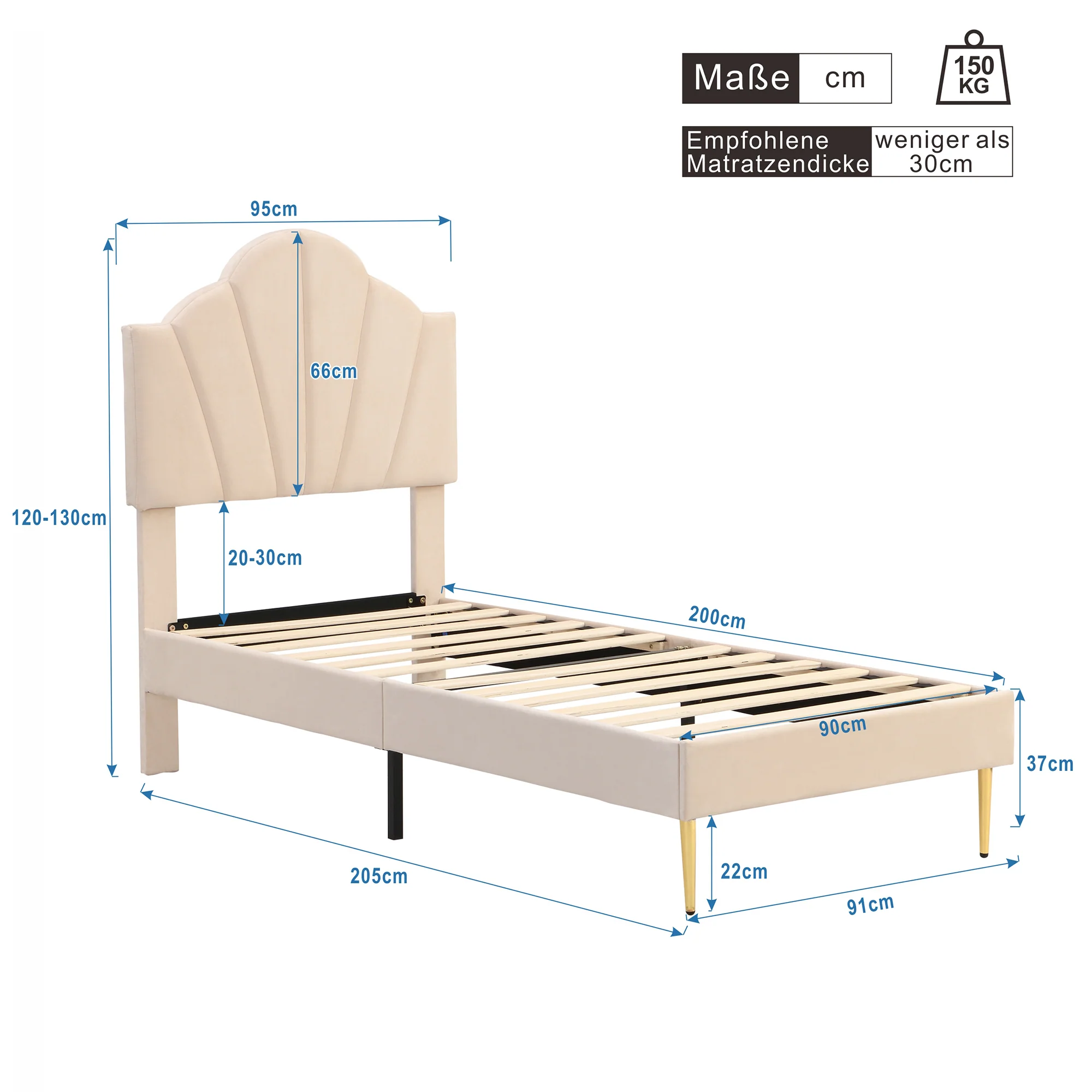 Upholstered Bed 90x200cm Shell Headboard Height-Adjustable Golden Iron Legs Velvet Beige - Image 10