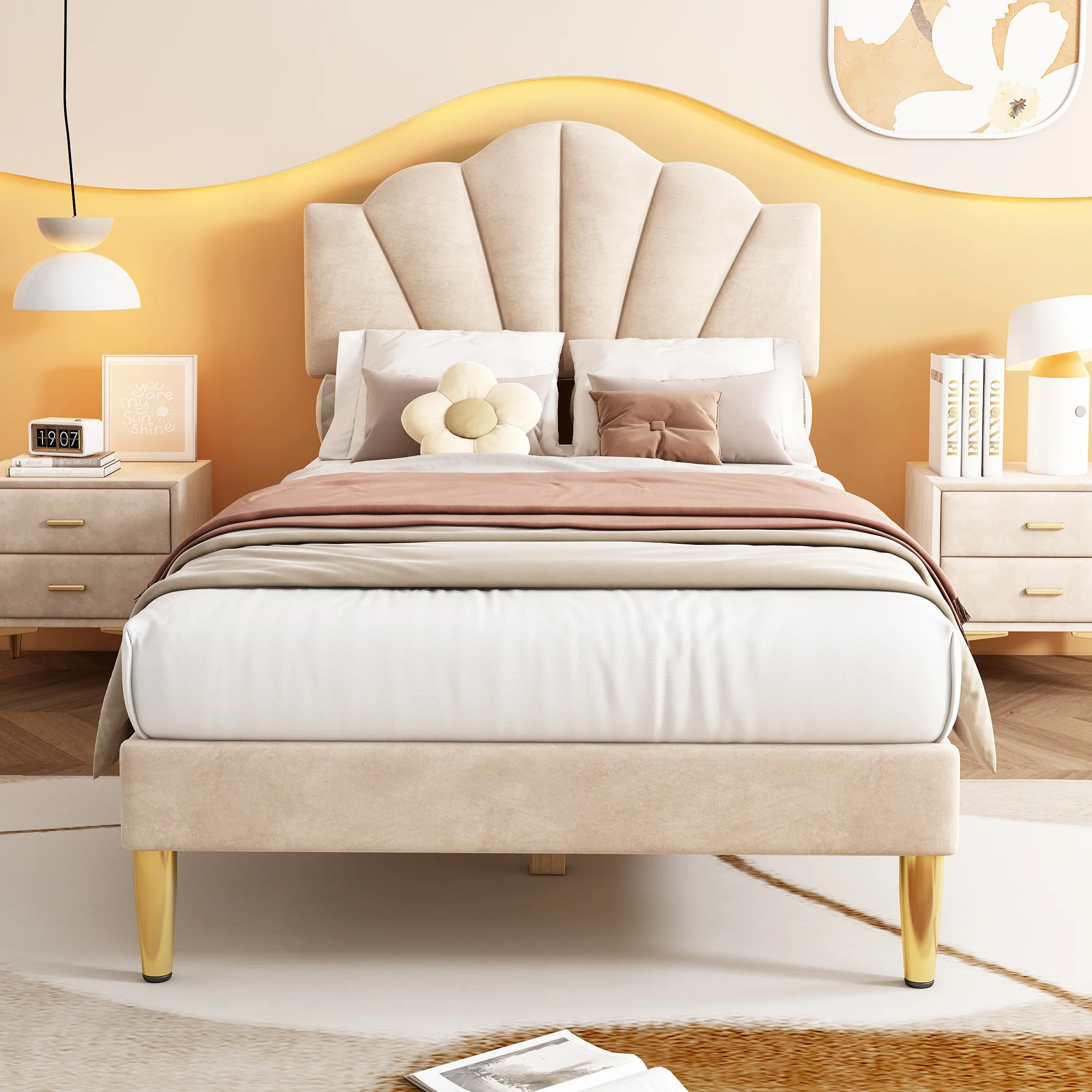 Upholstered Bed 90x200cm Shell Headboard Height-Adjustable Golden Iron Legs Velvet Beige - Image 2