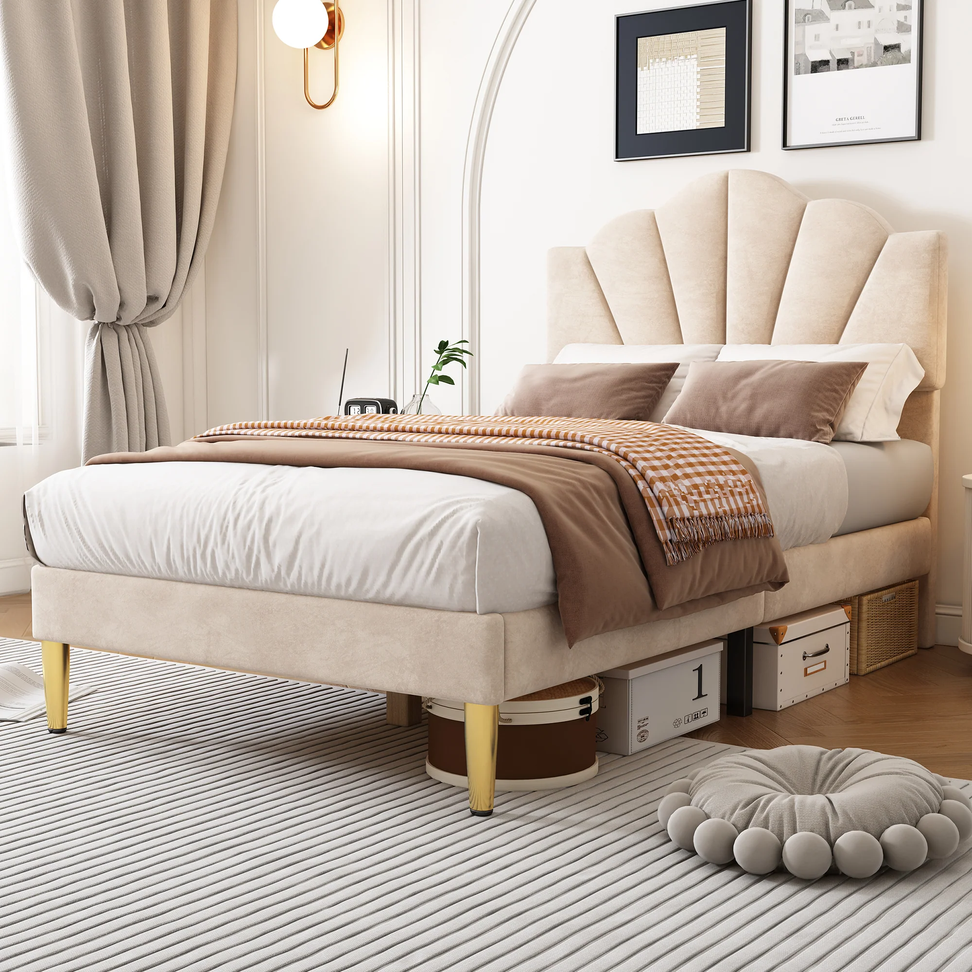 Upholstered Bed 90x200cm Shell Headboard Height-Adjustable Golden Iron Legs Velvet Beige - Image 6