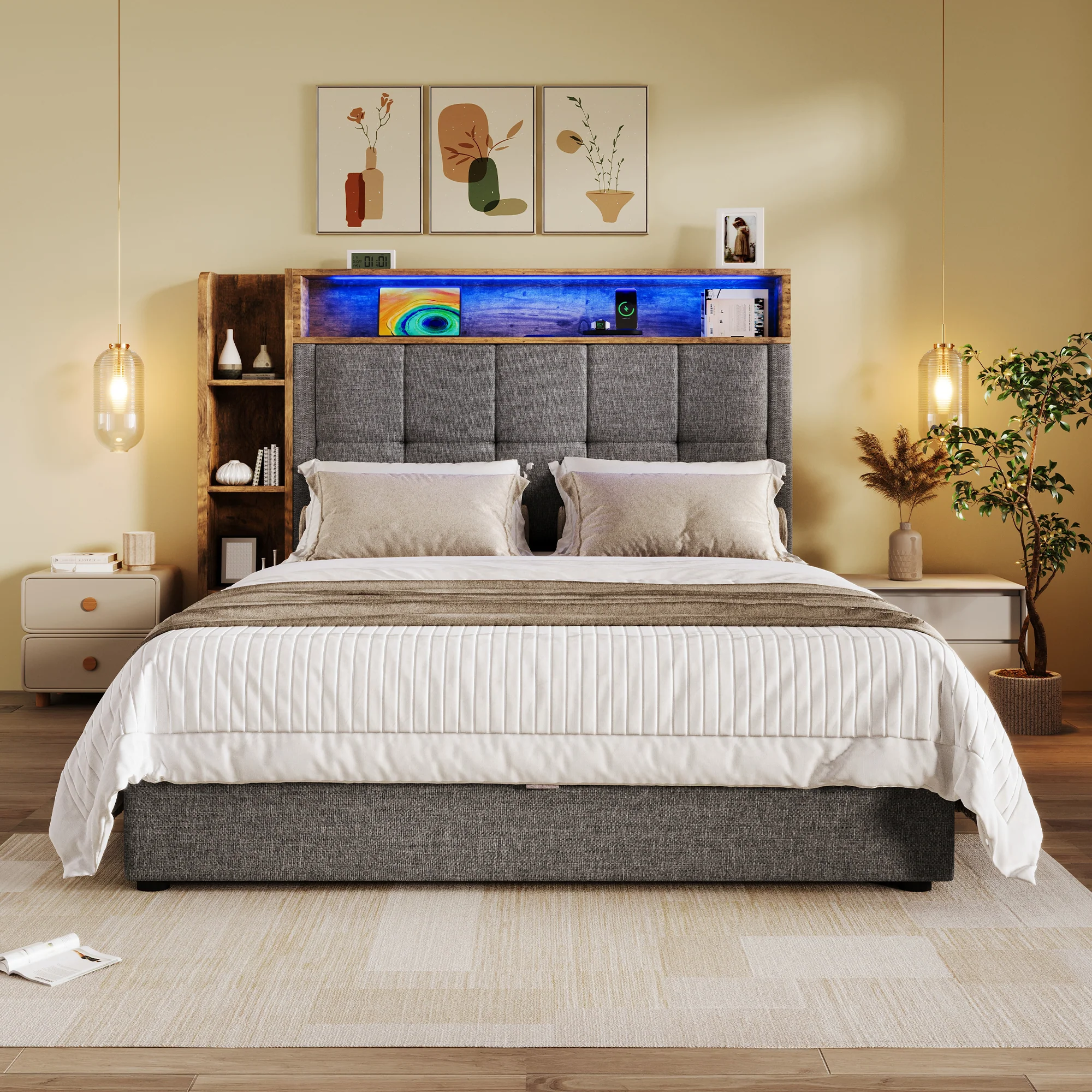Upholstered Bed 90x200cm Storage LED USB/Type-C App Control - Linen Grey - Image 2