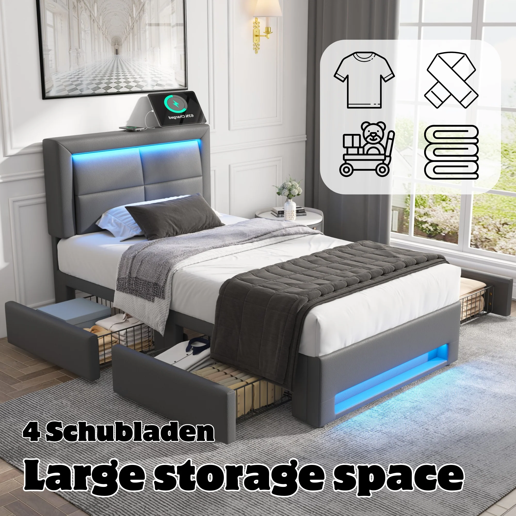 Upholstered Bed 90x200cm USB/Wireless Charging LED Lights 4 Drawers PU Lychee Pattern Grey - Image 5