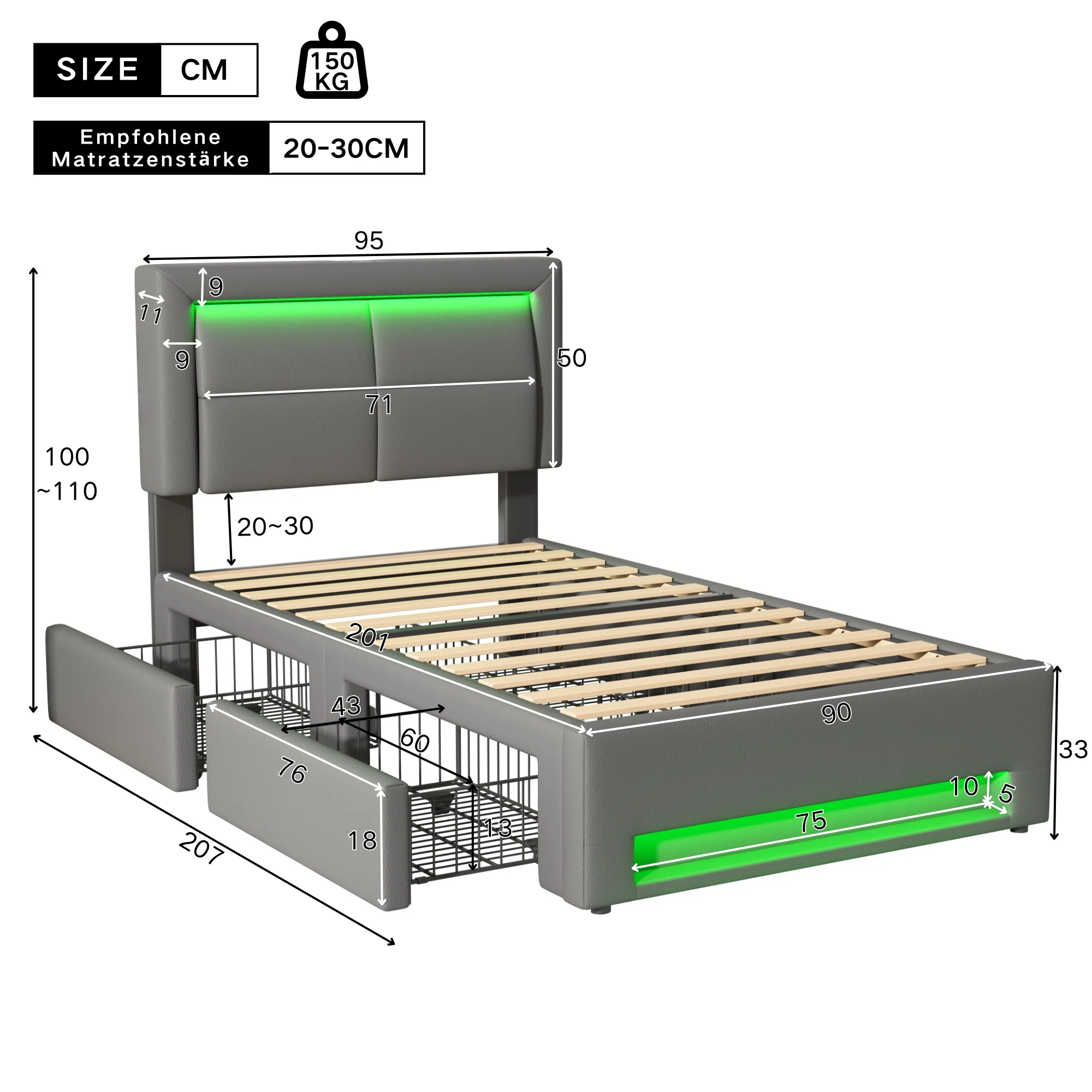 Upholstered Bed 90x200cm USB/Wireless Charging LED Lights 4 Drawers PU Lychee Pattern Grey - Image 8