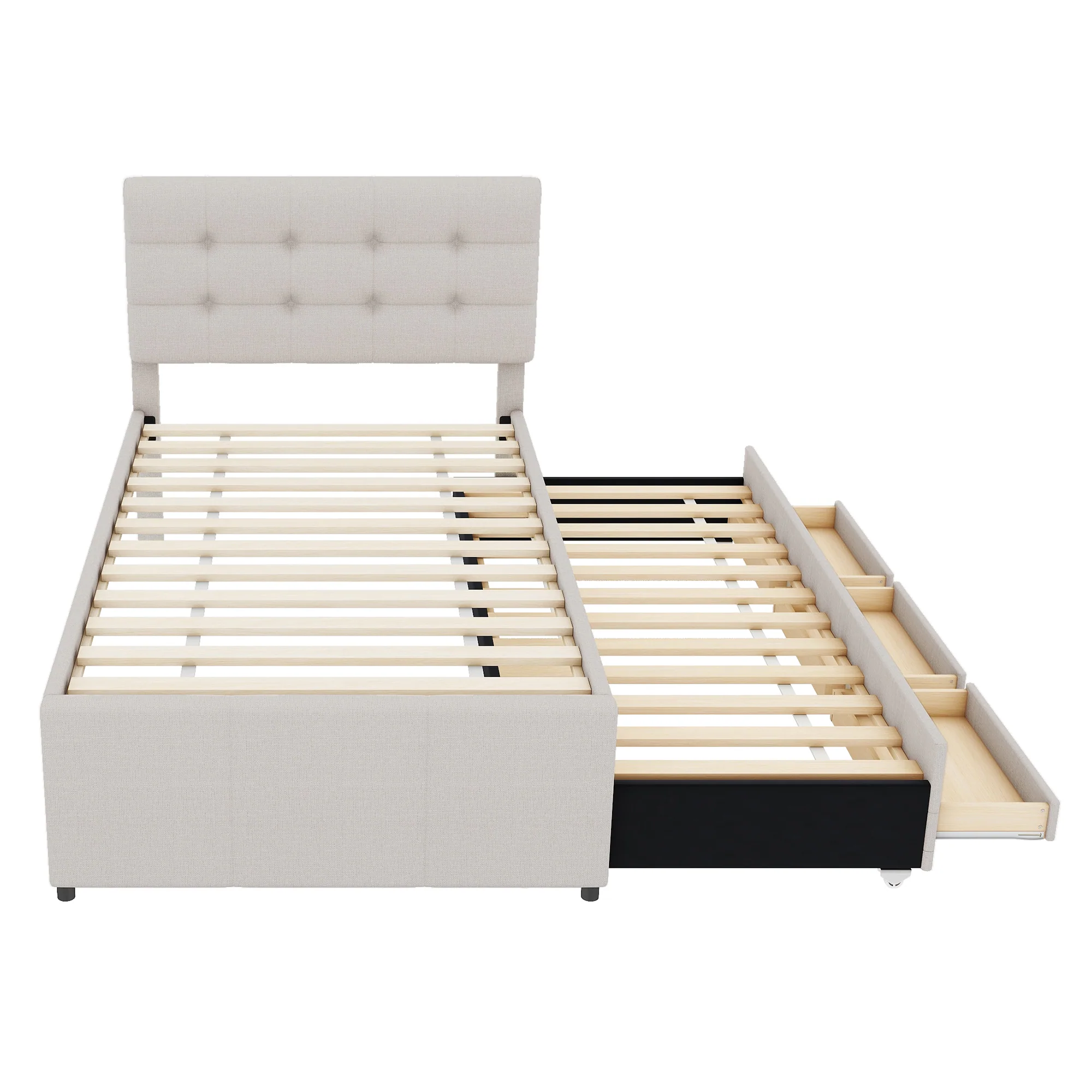 Upholstered Bed 90x200cm with 3 Drawers, Pull-out Trundle Bed, Adjustable Headboard, Beige - Image 10