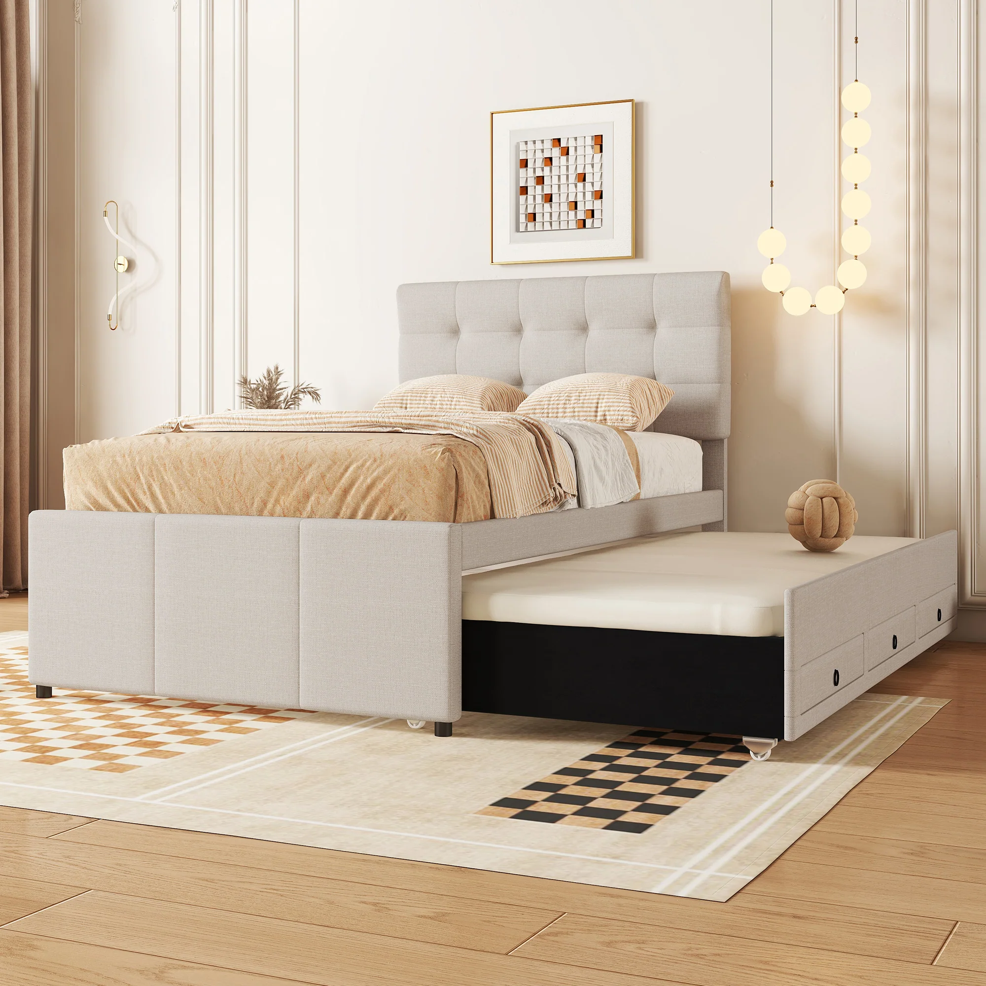 Upholstered Bed 90x200cm with 3 Drawers, Pull-out Trundle Bed, Adjustable Headboard, Beige - Image 2