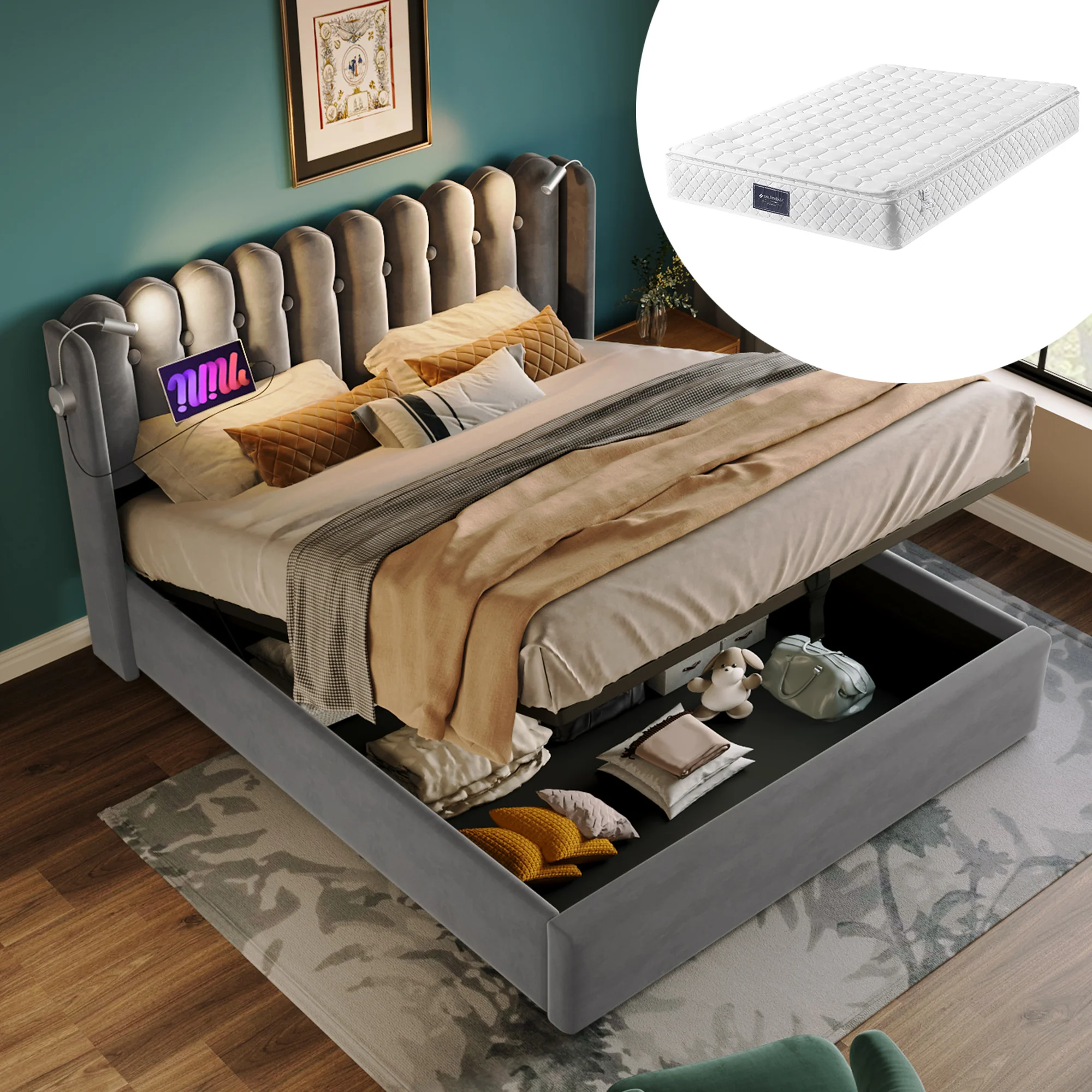 Upholstered Bed, Double with Reading Light, Charging, Storage, 160x200, Gray Velvet