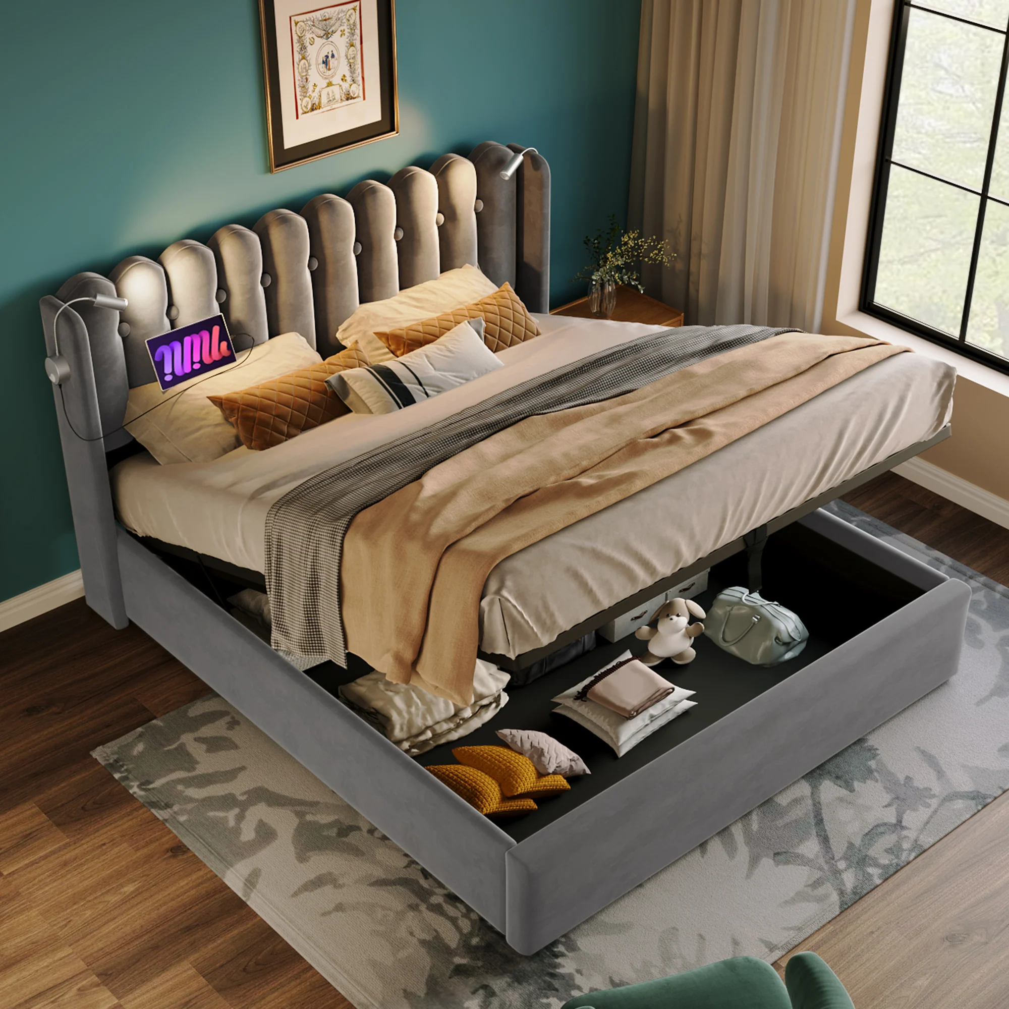 Upholstered Bed, Double with Reading Light, Charging, Storage, 160x200, Gray Velvet - Image 10