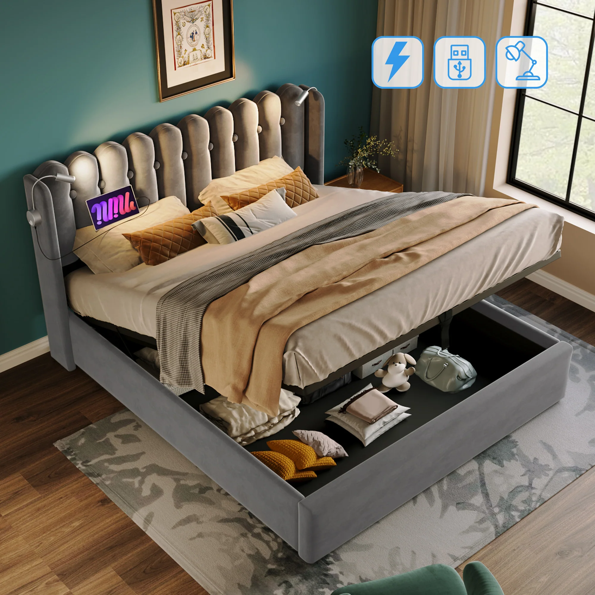 Upholstered Bed, Double with Reading Light, Charging, Storage, 160x200, Gray Velvet - Image 6