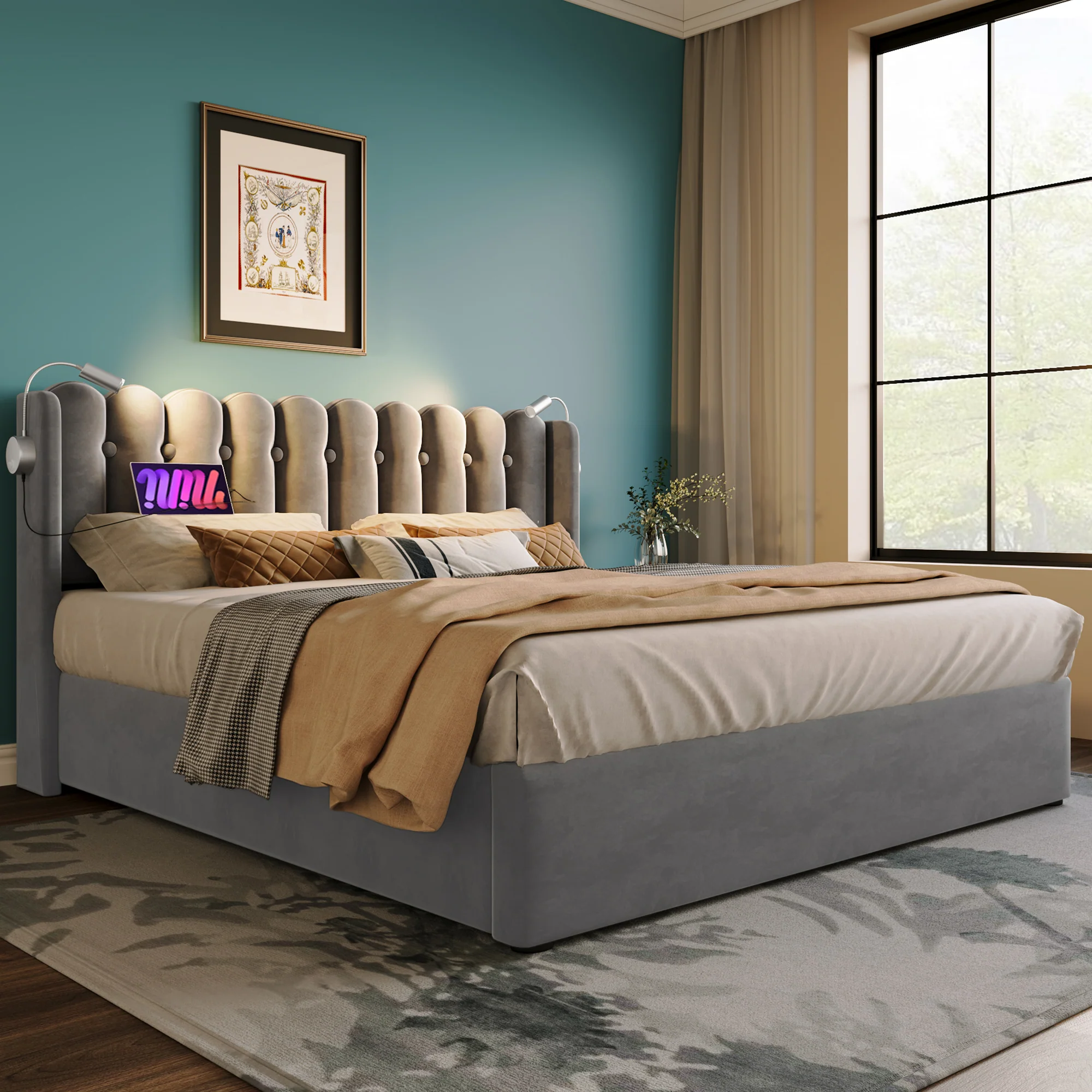 Upholstered Bed, Double with Reading Light, Charging, Storage, 160x200, Gray Velvet - Image 9