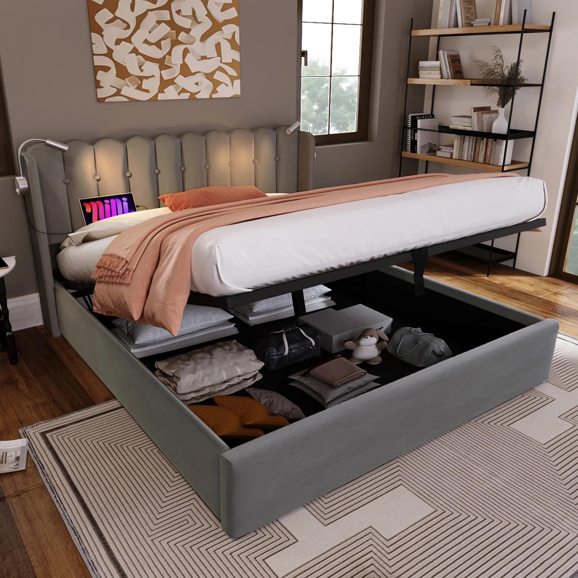Upholstered Bed, Double with Reading Light, Charging, Storage, 160x200 Velvet Gray