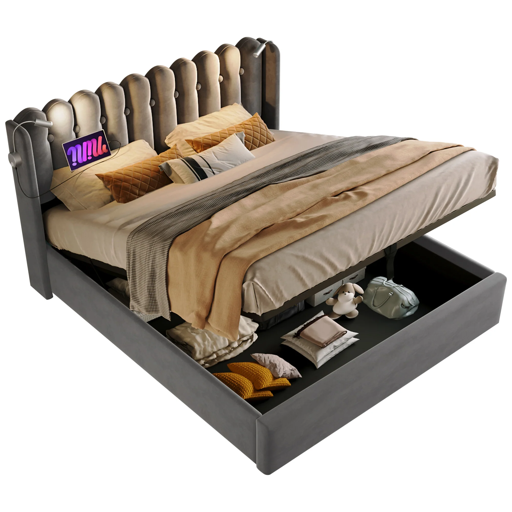 Upholstered Bed, Double with Reading Light, Charging, Storage, 160x200 Velvet Gray - Image 10