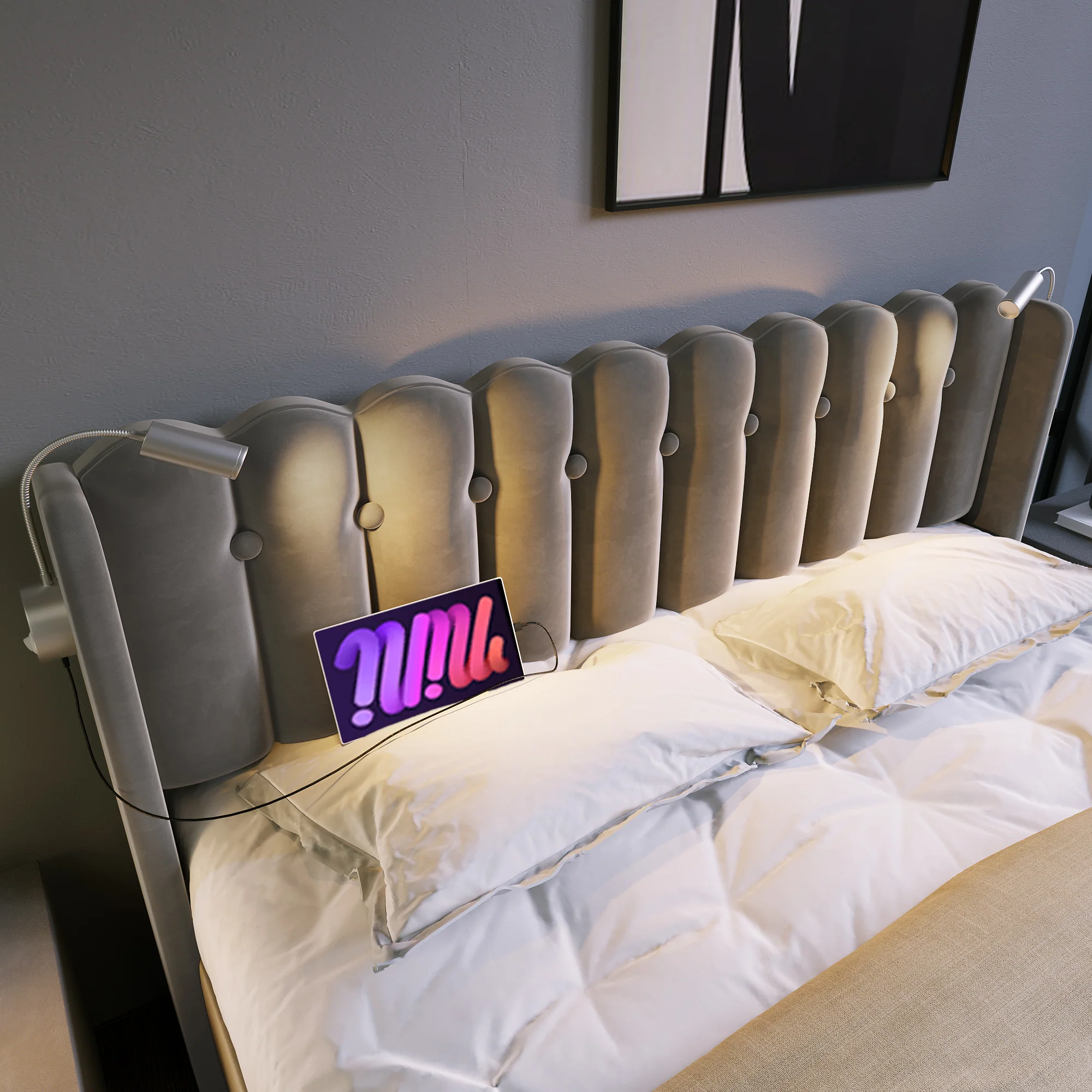 Upholstered Bed, Double with Reading Light, Charging, Storage, 160x200 Velvet Gray - Image 3