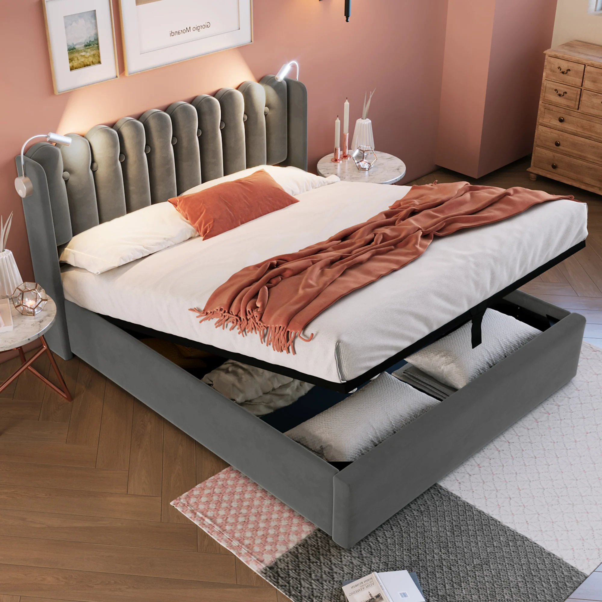Upholstered Bed, Double with Reading Light, Charging, Storage, 160x200 Velvet Gray - Image 7